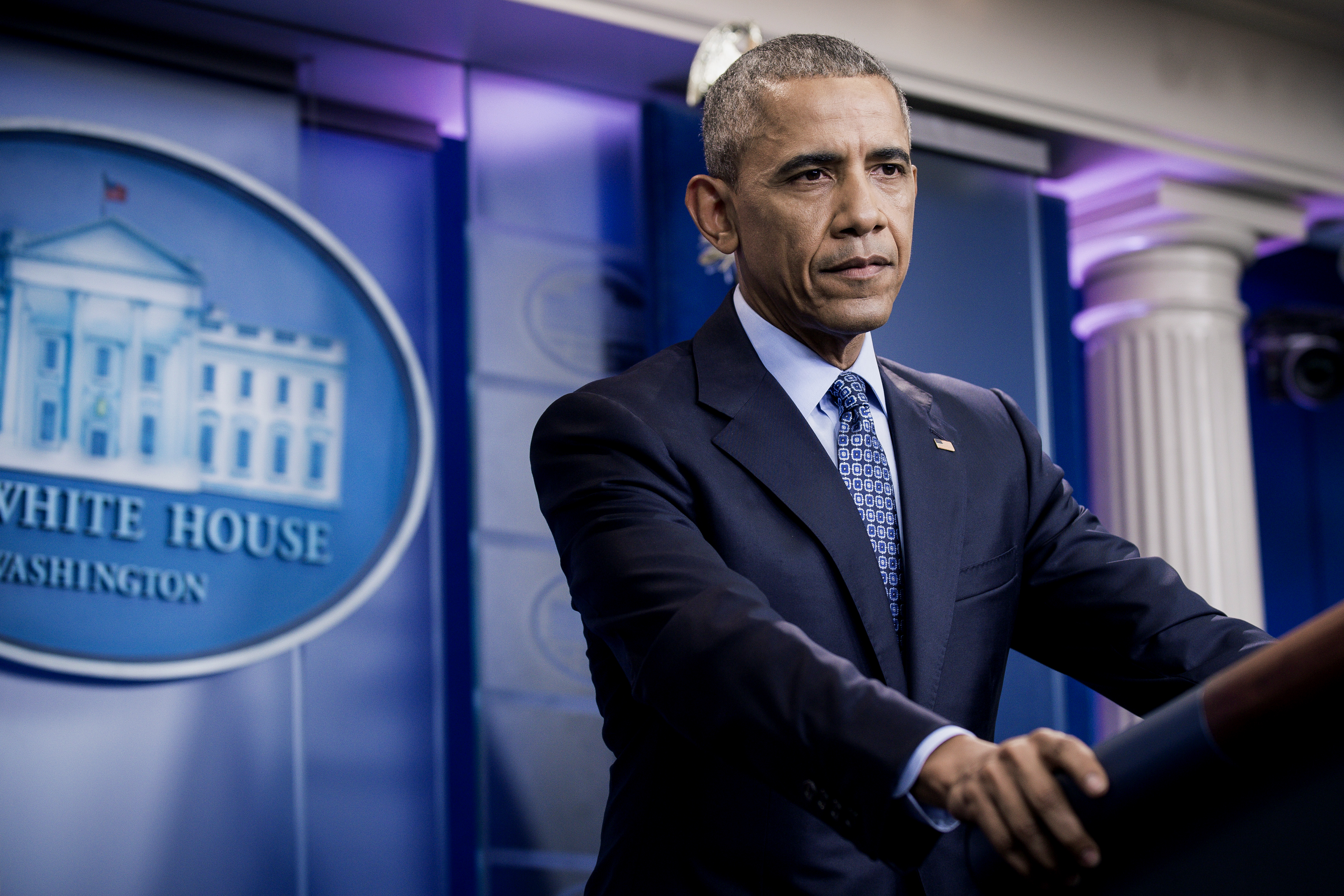 U.S. President Barack Obama listens to questions during his final press conference in the White House briefing room in Washington, D.C., U.S., on Wednesday, Jan. 18, 2017.