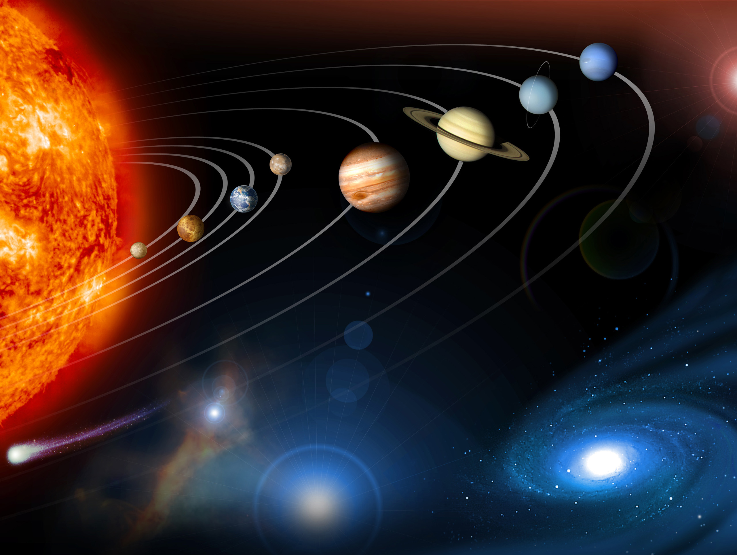 This image is an un-annotated version of the Photo-journal Home Page graphic released in October 2007. This digital collage contains a highly stylized rendition of our solar system and points beyond. As this graphic was intended to be used as a navigatio