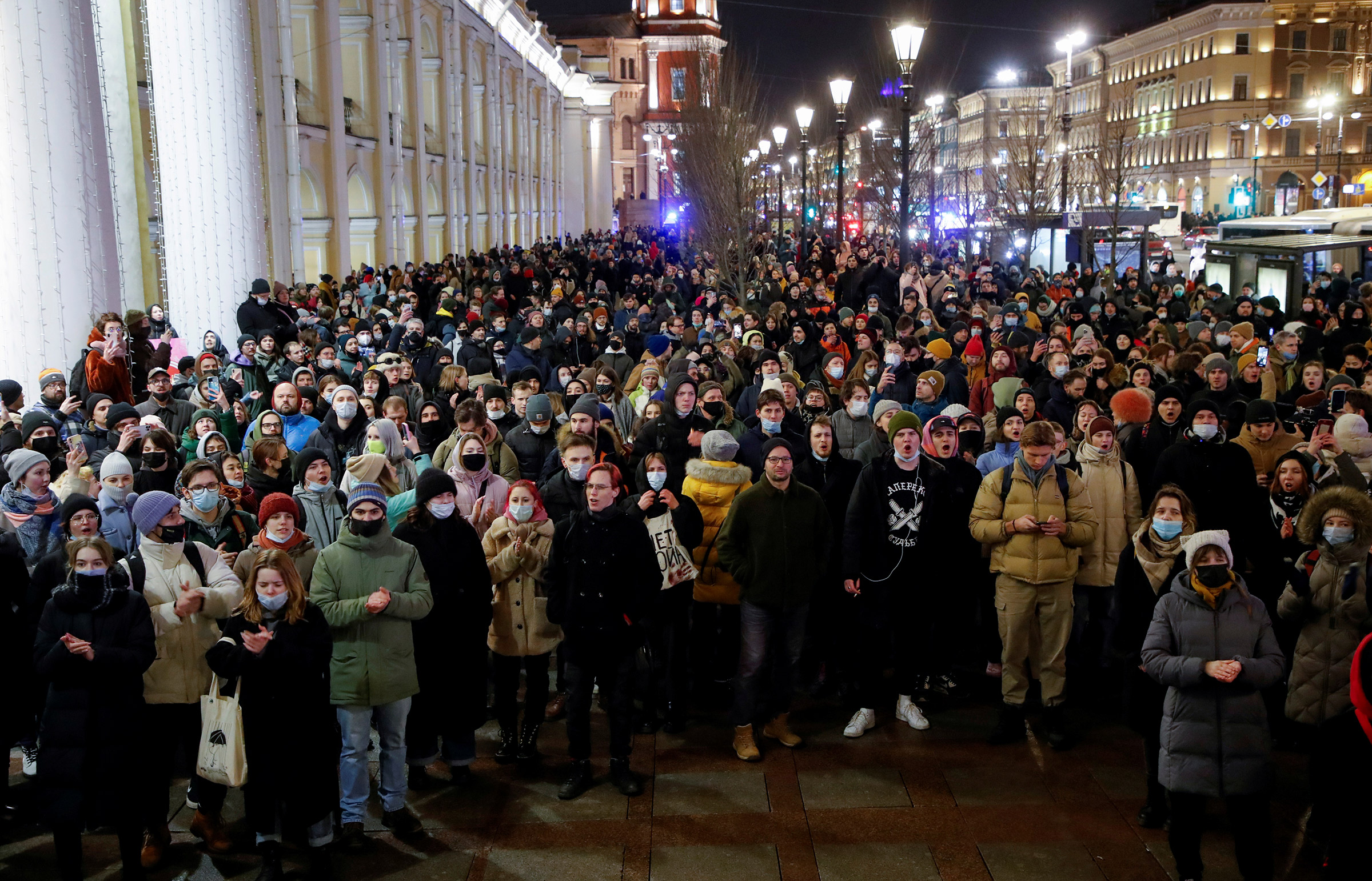 People attend an anti-war protest in Saint Petersburg, Russia, on Feb. 24, 2022 after Russian President Vladimir Putin authorized a military operation in Ukraine.