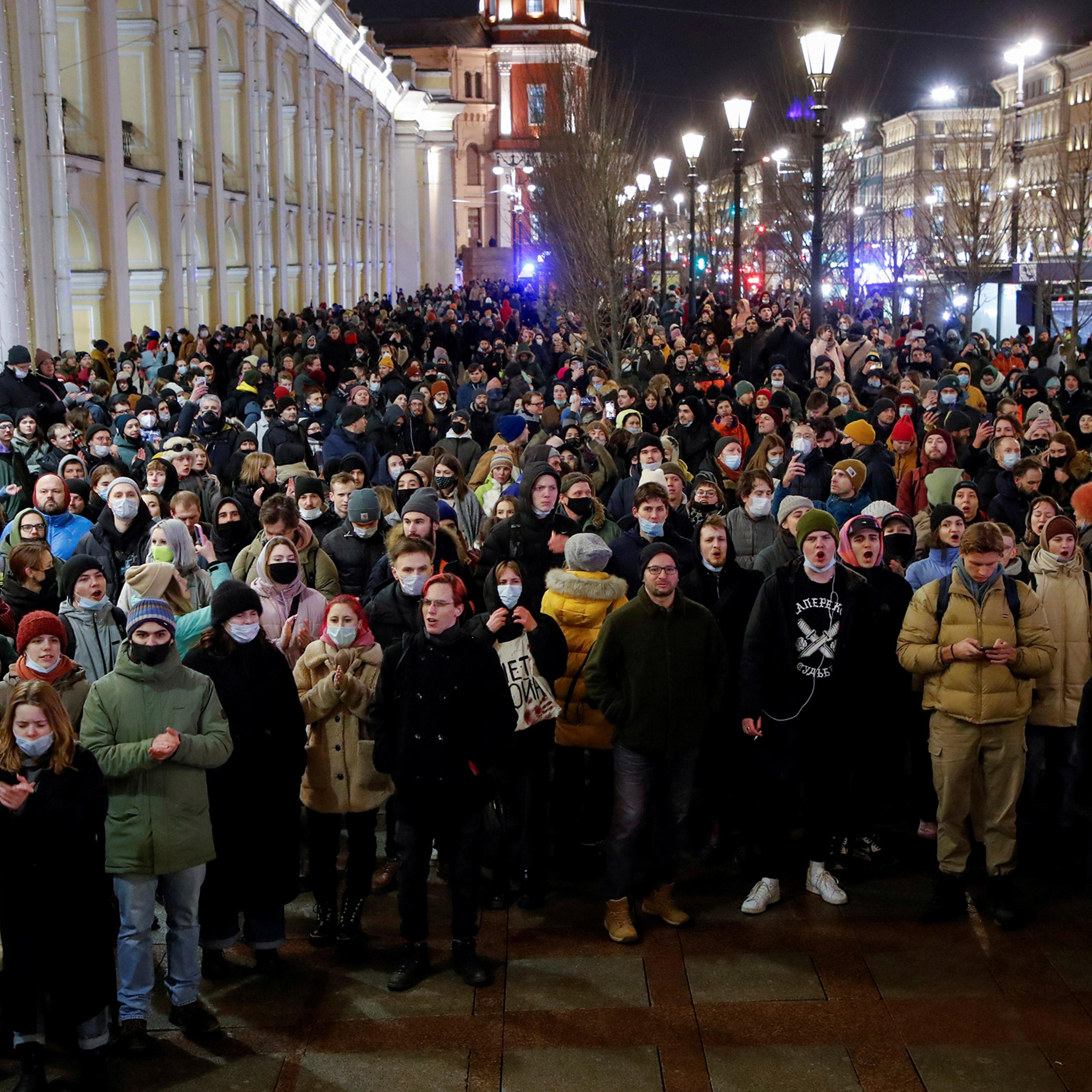 People attend an anti-war protest in Saint Petersburg, Russia, on Feb. 24, 2022 after Russian President Vladimir Putin authorized a military operation in Ukraine.