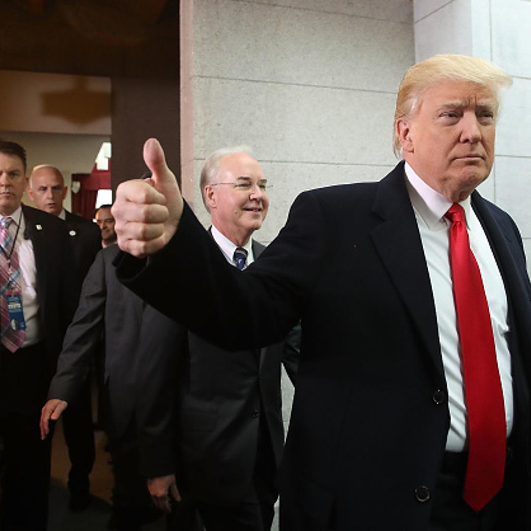 U.S. President Donald Trump gives a thumbs up while walking in the basement of the U.S. Capitol after speaking at a House Republican conference meeting in Washington, D.C., U.S., on Tuesday, March 21, 2017.