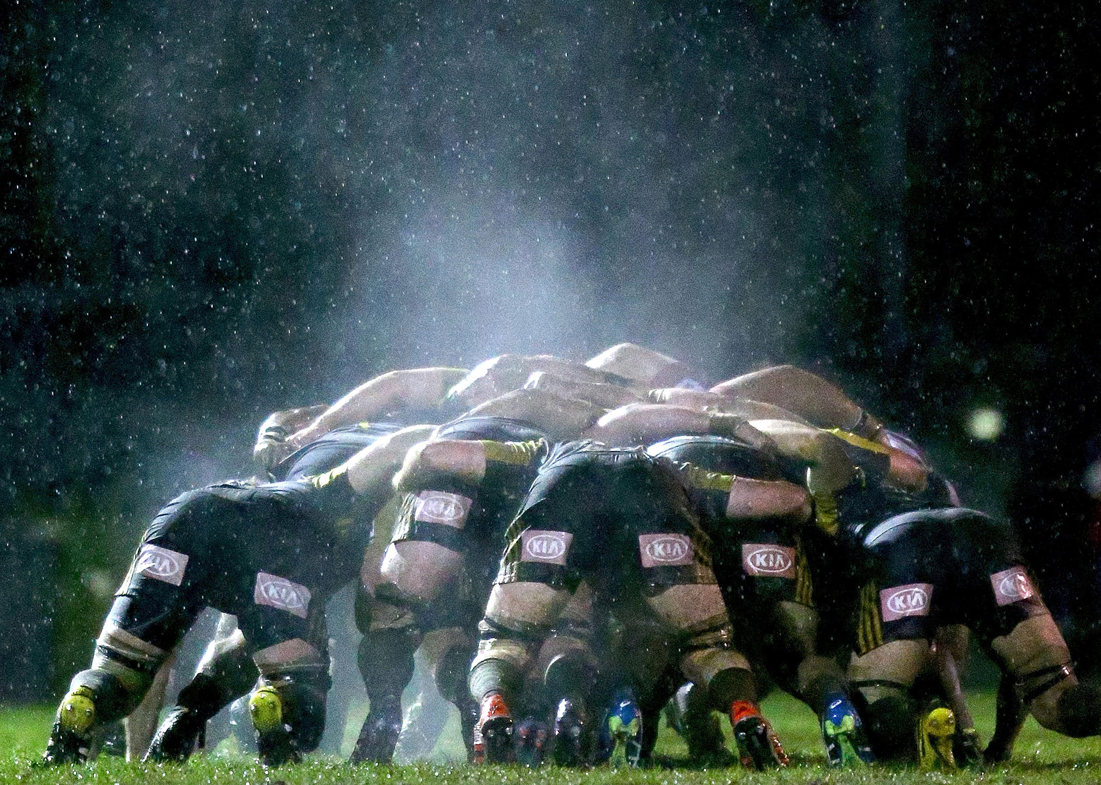 Steam rises from a scrum during the Super Rugby Exhibition match between the Rebels and the Hurricanes at Harlequins Rugby Club in Melbourne, Australia, on June 23, 2016.