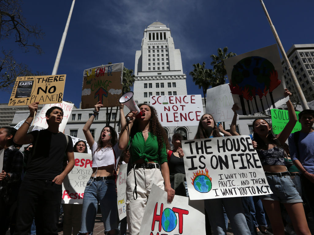Los Angeles youth join a nationwide strike from school as they protest climate change and strike for the Green New Deal and "other necessary actions to solve the climate crisis," at City Hall in downtown LA