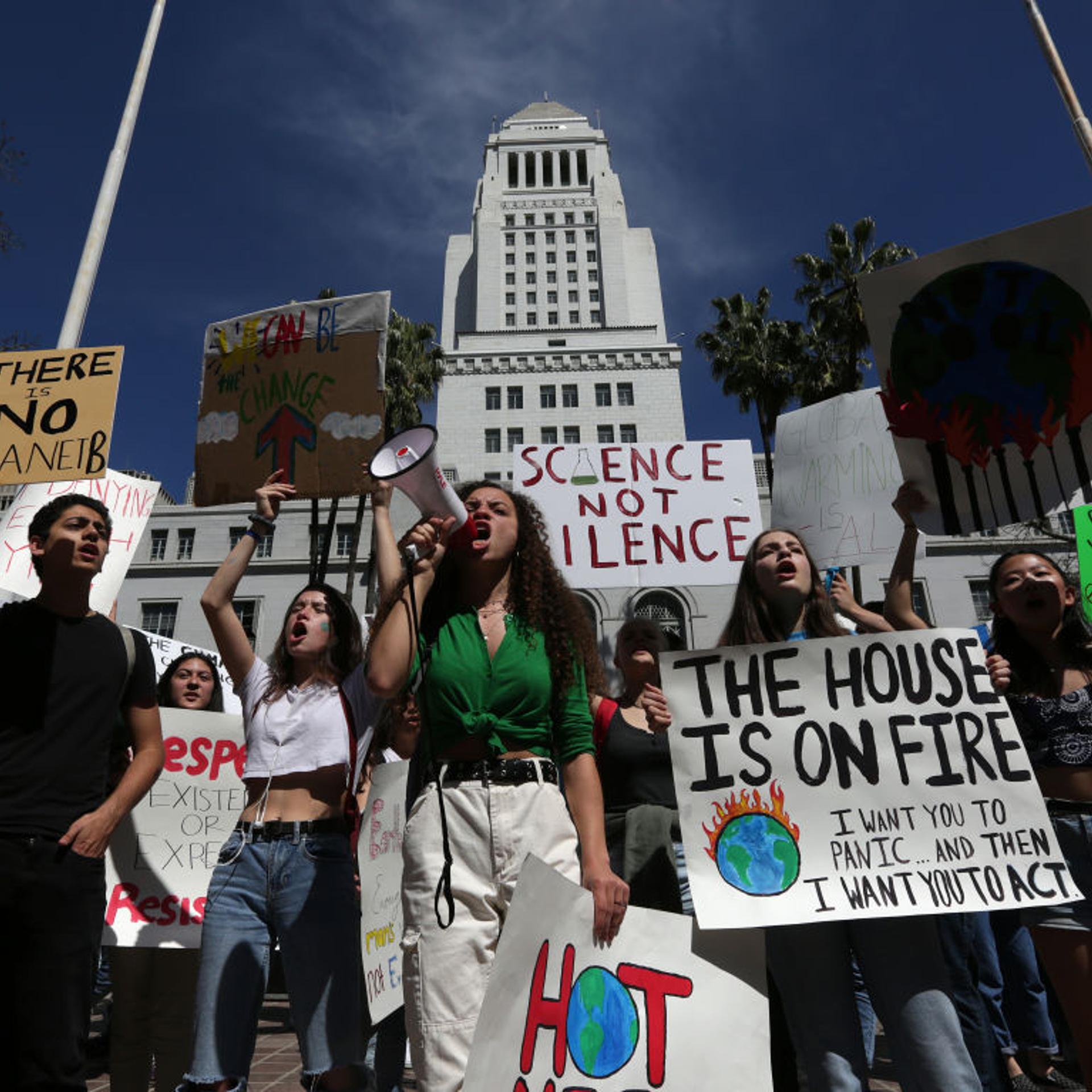 Los Angeles youth join a nationwide strike from school as they protest climate change and strike for the Green New Deal and "other necessary actions to solve the climate crisis," at City Hall in downtown LA