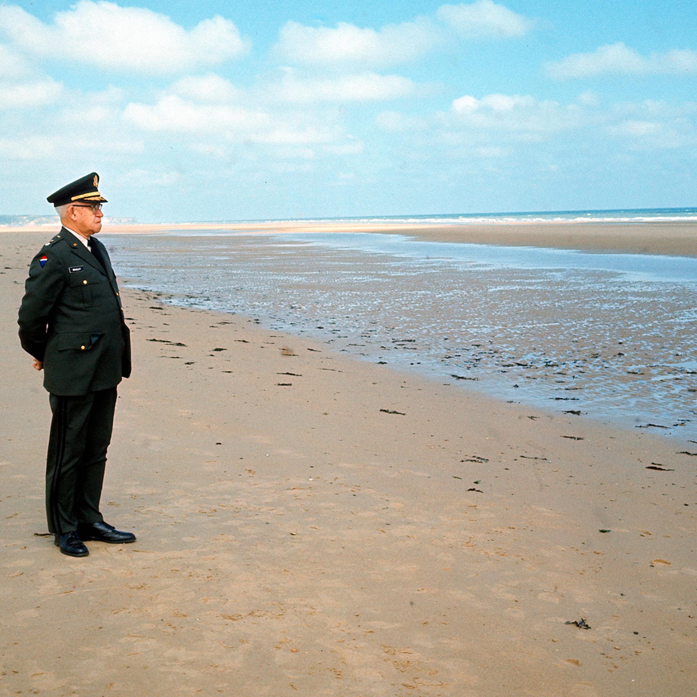 American Gen. Omar Bradley in June 1969, looking out over the area of Omaha Beach where, 25 years earlier, he came ashore the day after the first Allied troops invaded France during Operation Overlord.