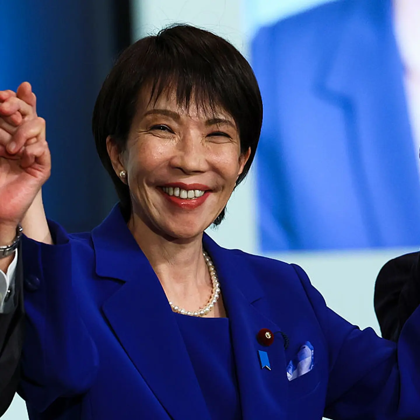 Newly-elected Liberal Democratic Party (LDP) leader Sanae Takaichi celebrates after winning the LDP leadership election in Tokyo, Japan on Oct. 4, 2025.