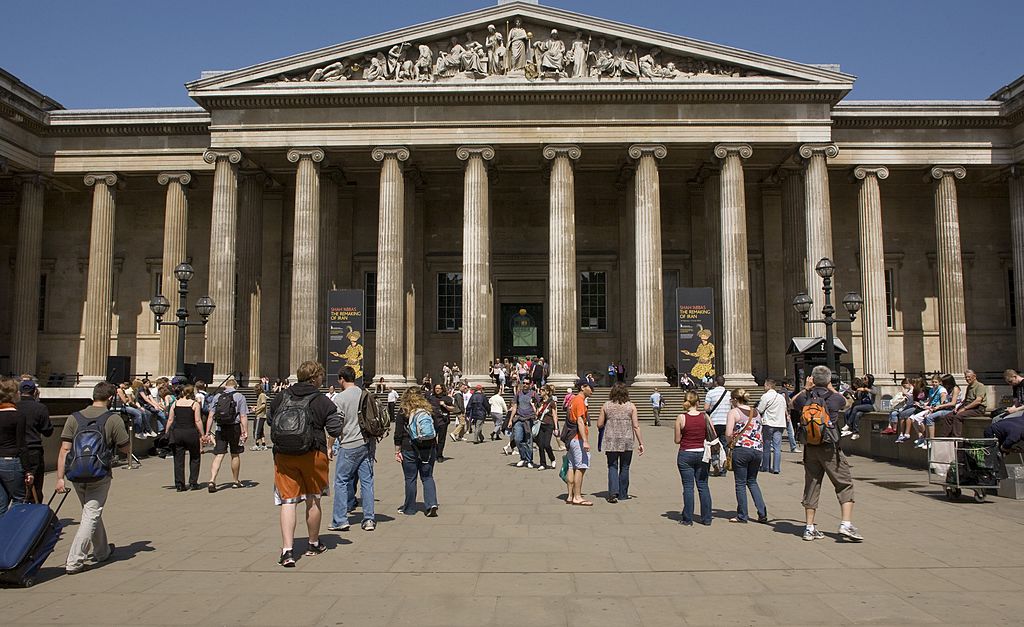 LONDON, ENGLAND, UNITED KINGDOM - 2009:  Visitors to the British Museum are seen outside the entrance in this 2009 London, United Kingdom, cityscape photo.