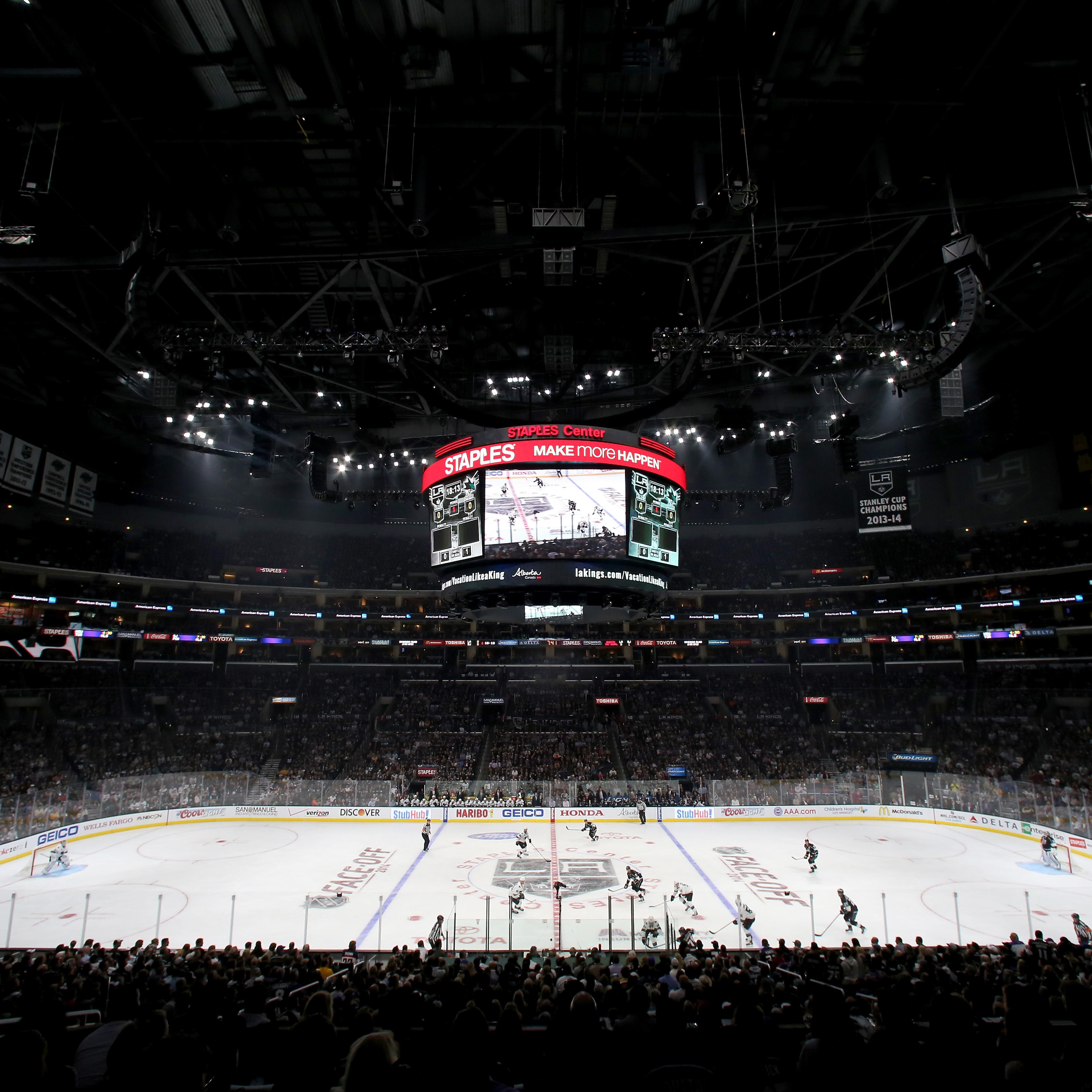 An overall view of the interior of the arena at the NHL season opener at Staples Center on October 8, 2014 in Los Angeles, California.