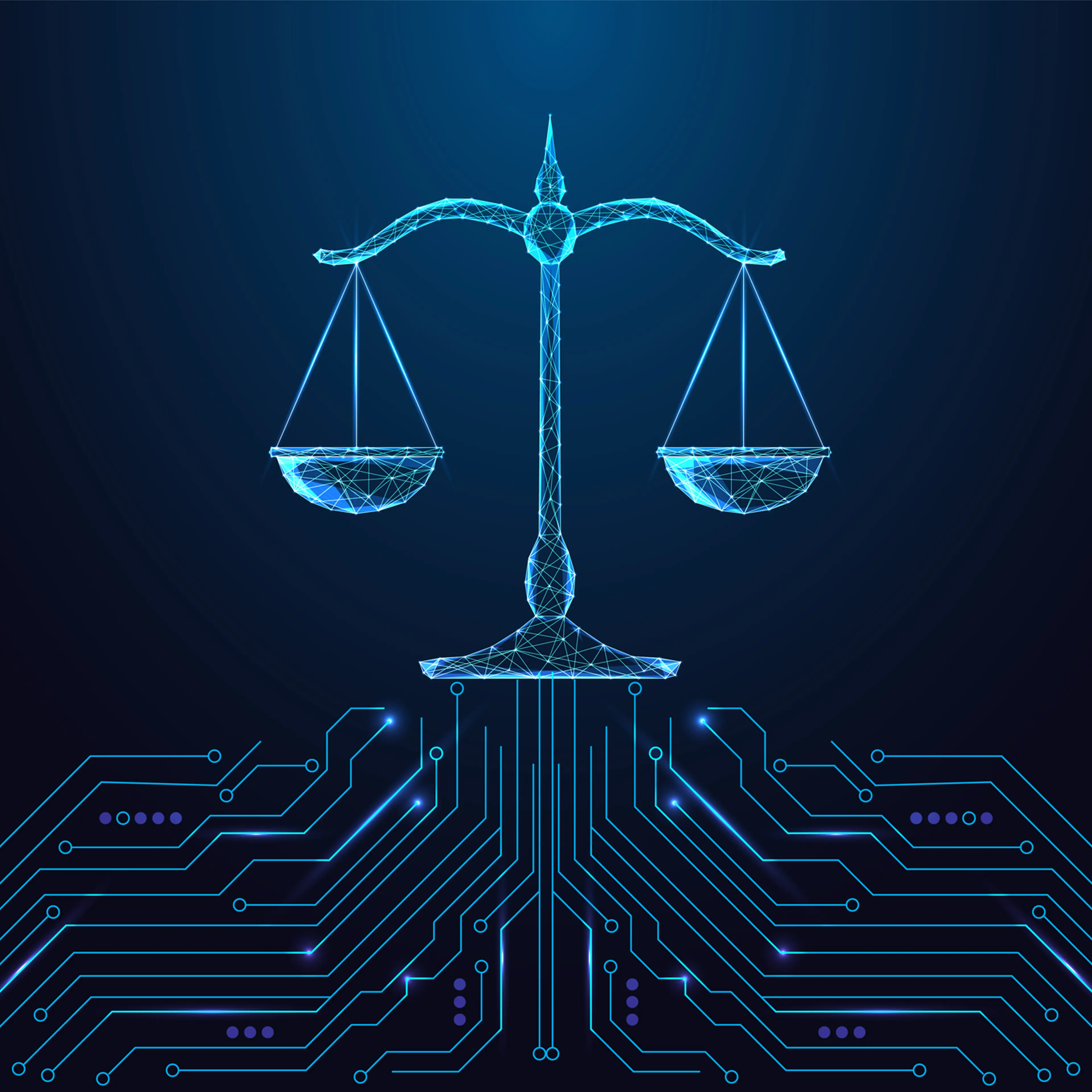 AI ethics, Digital law, justice technology concept with glowing balance scale, vector illustration