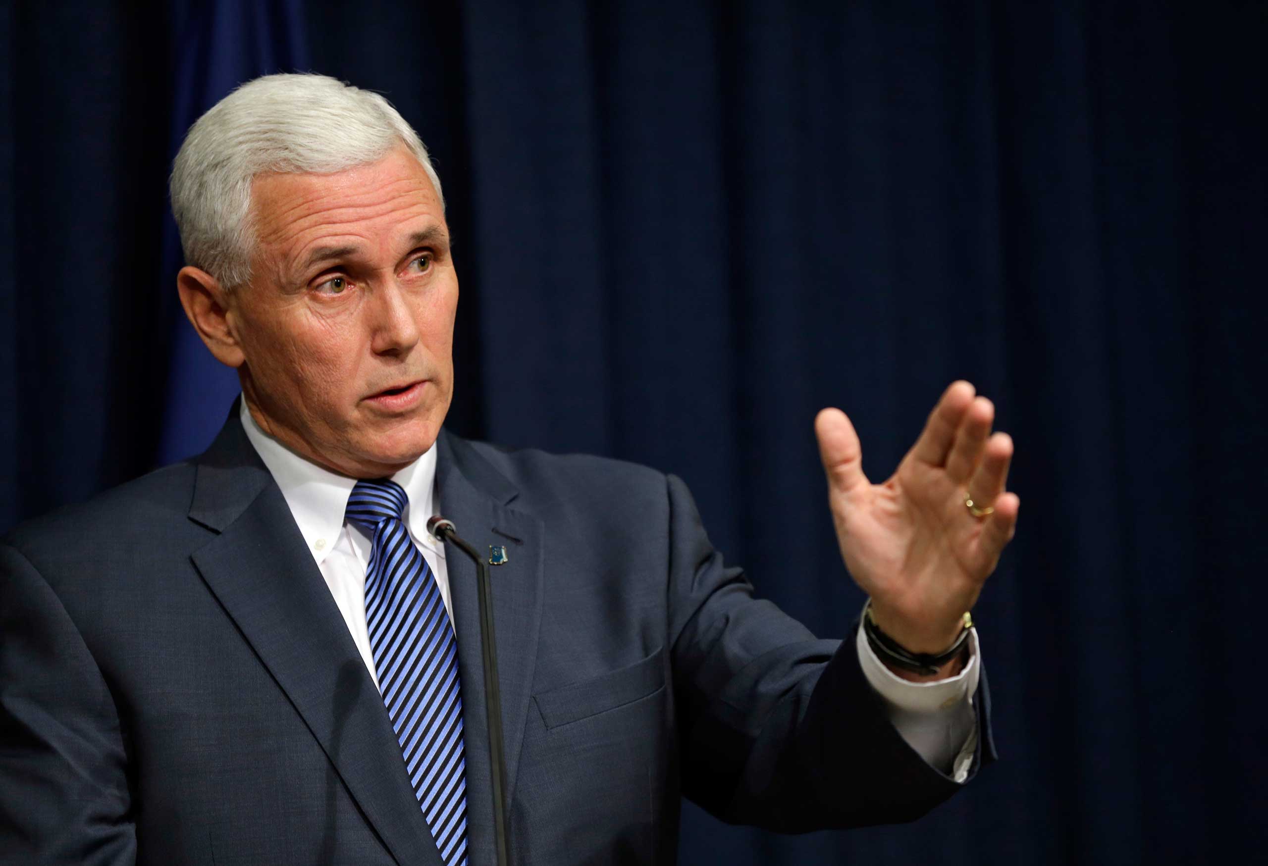 Indiana Gov. Mike Pence holds a news conference at the Statehouse in Indianapolis on March 26, 2015.
