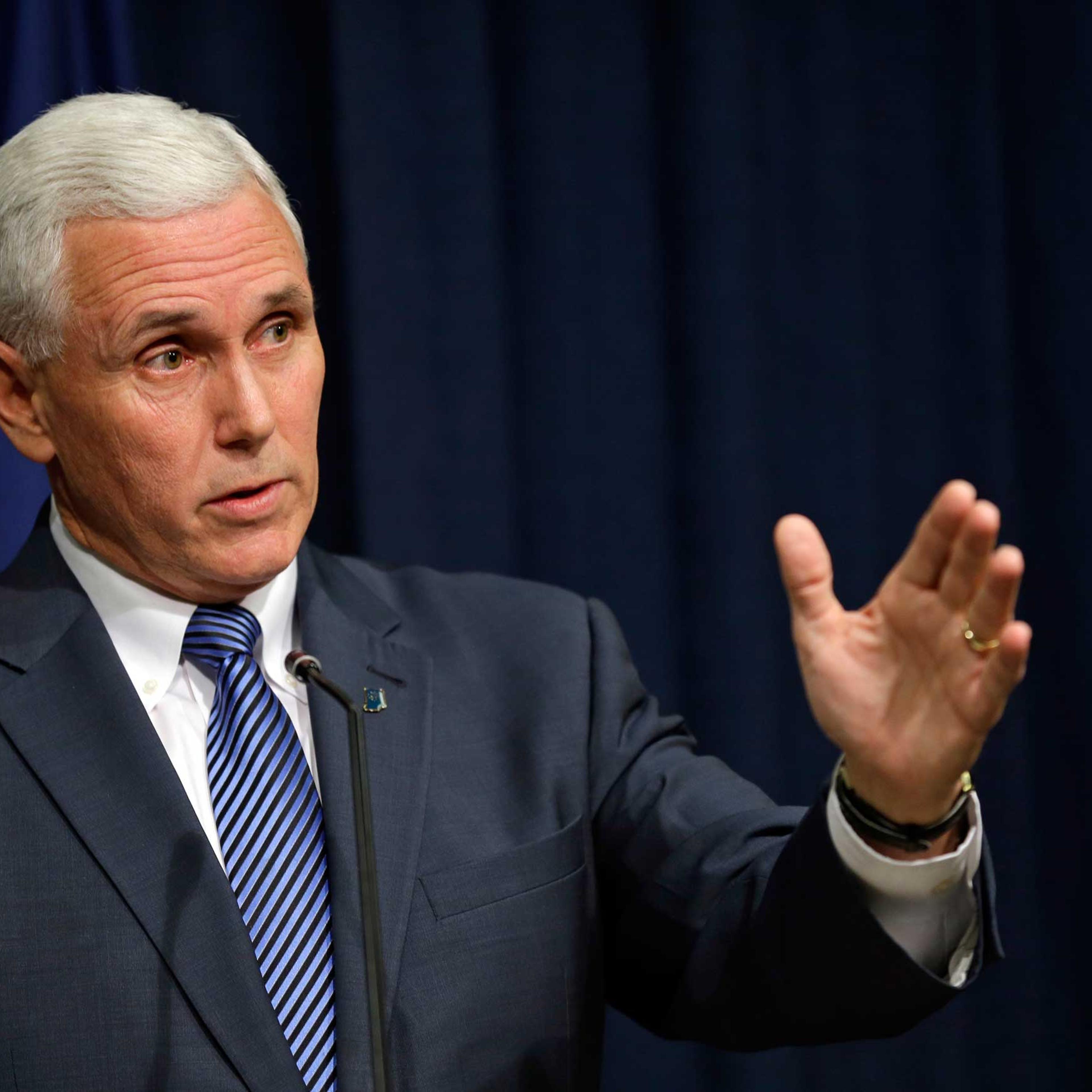 Indiana Gov. Mike Pence holds a news conference at the Statehouse in Indianapolis on March 26, 2015.