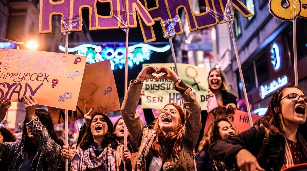 Women marching for International Women's Day in Istanbul, March 8 2018.
