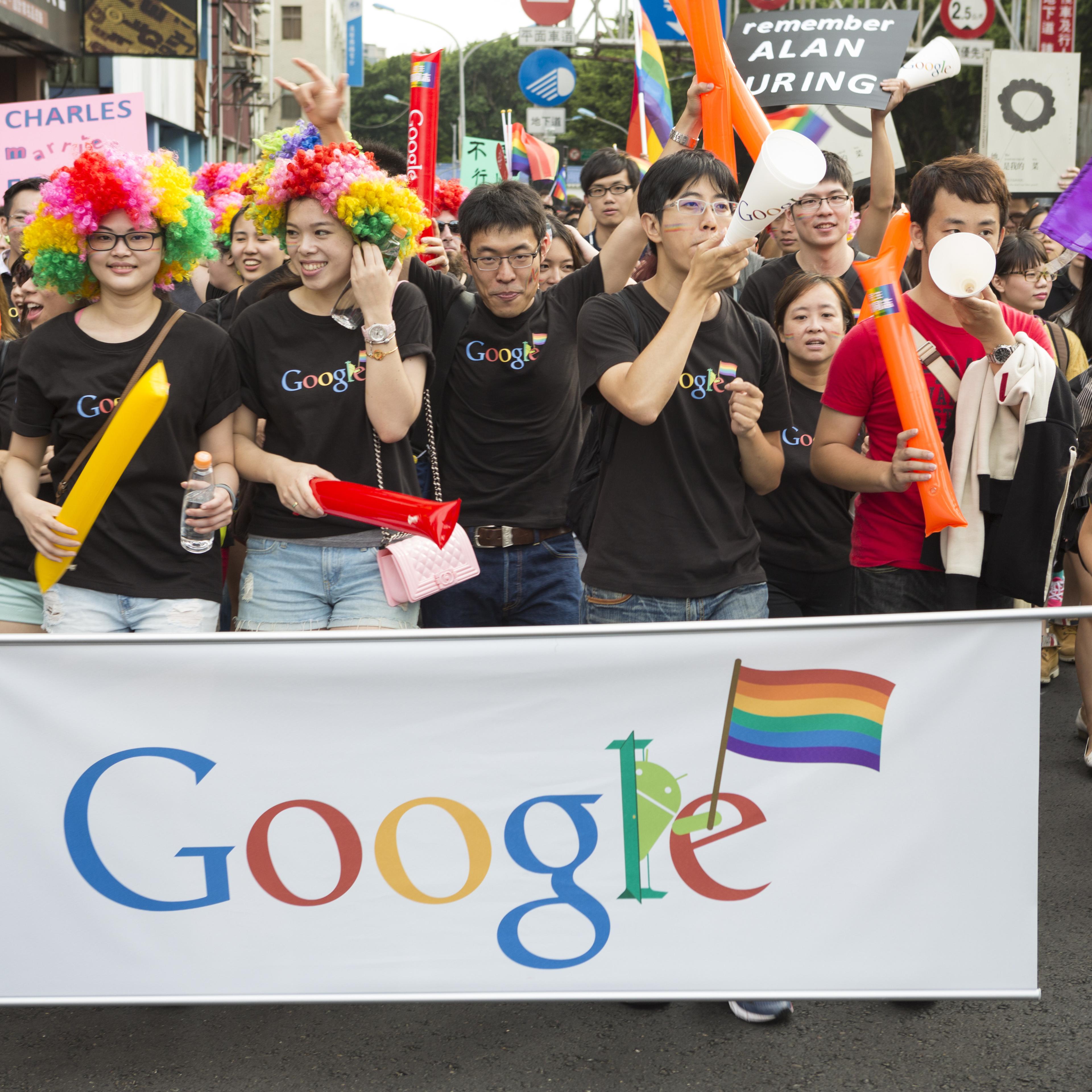 Google staff take part in the 2014 gay pride march. The