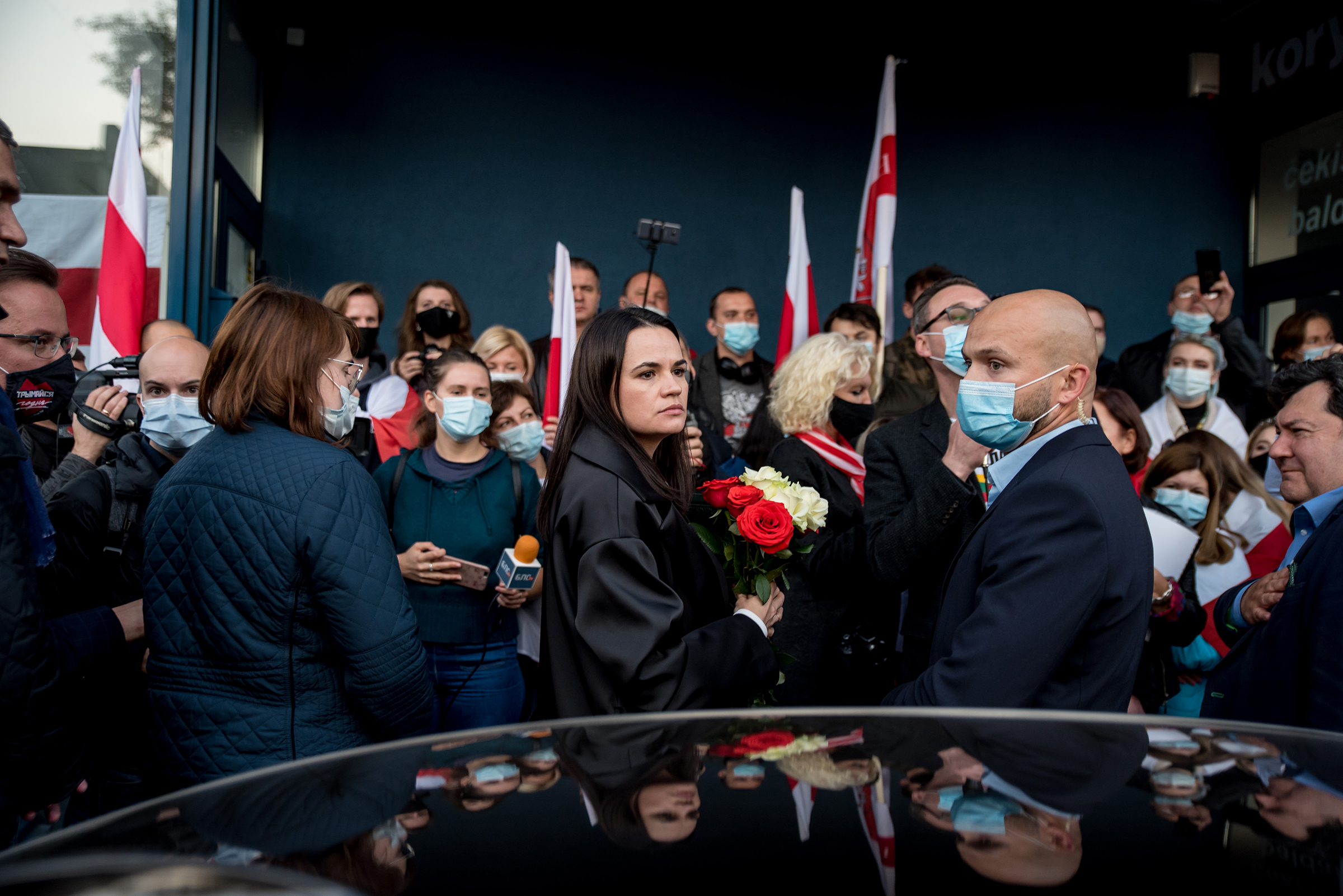 In October 2020, Svetlana Tikhanovskaya, the exiled opposition leader of Belarus, attends a protest in Vilnius, Lithuania, against political repression in Belarus.