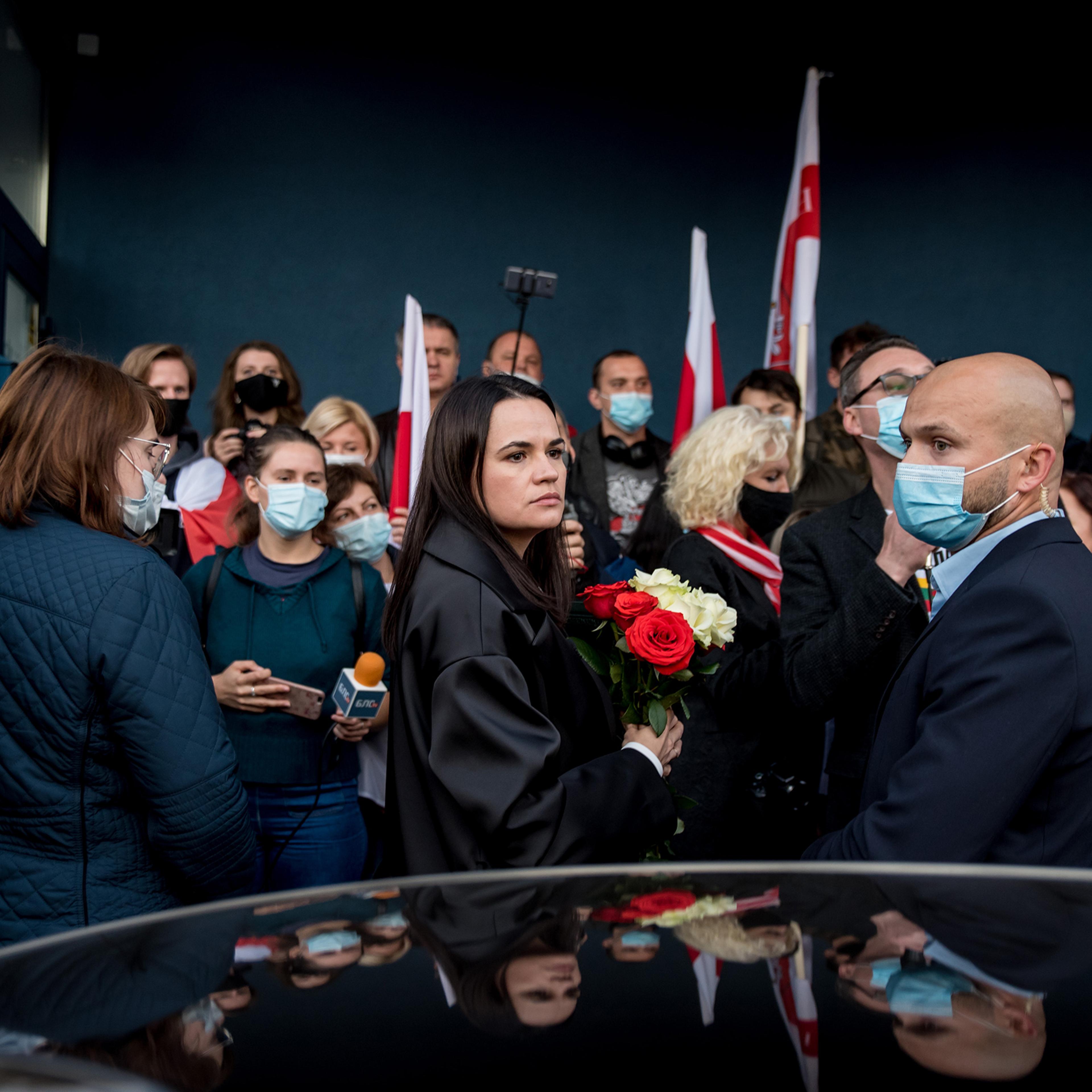 In October 2020, Svetlana Tikhanovskaya, the exiled opposition leader of Belarus, attends a protest in Vilnius, Lithuania, against political repression in Belarus.