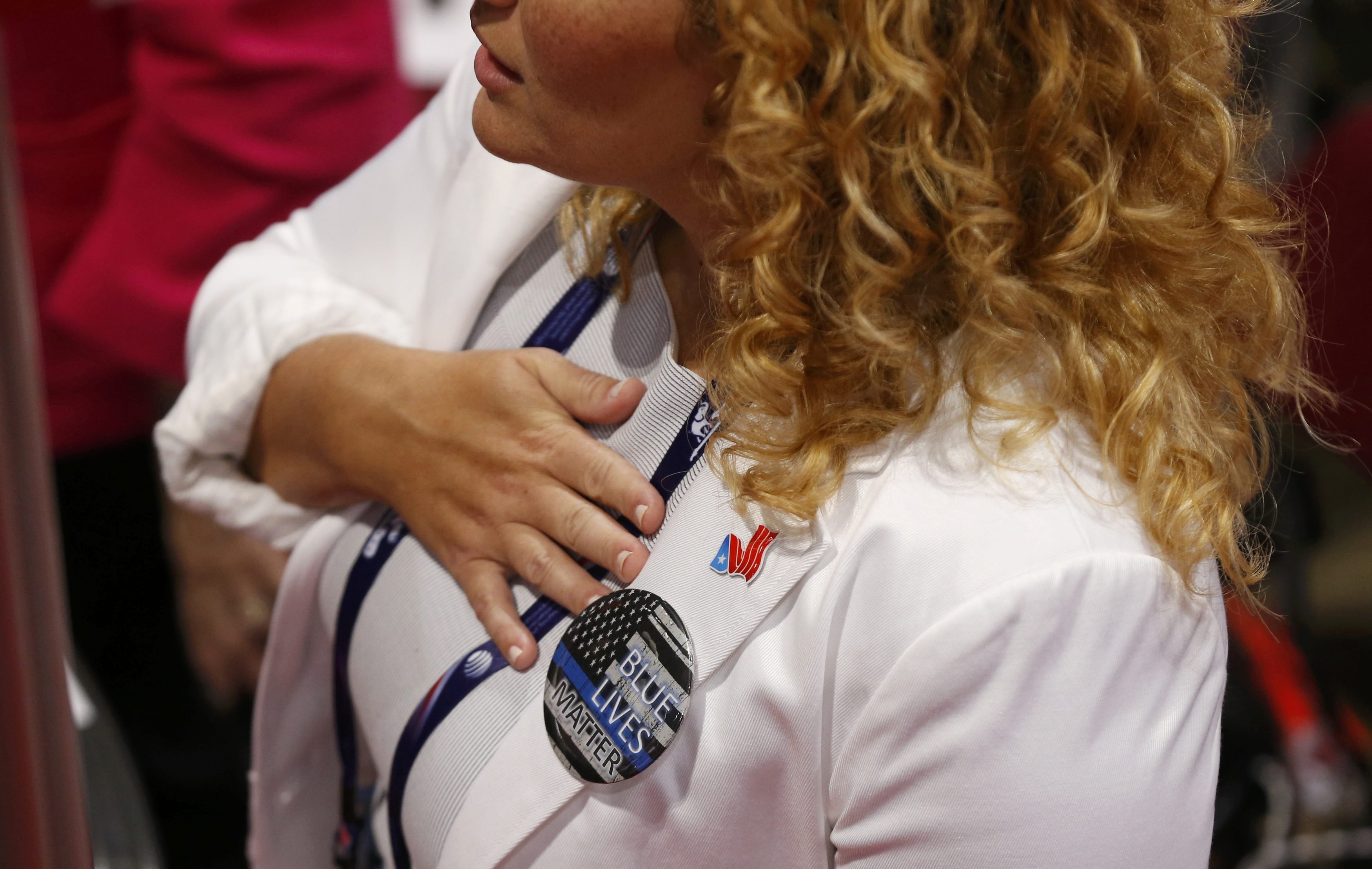 A delegate wears a "Blue Lives Matter" button at the Republican National Convention in Cleveland, July 18, 2016.