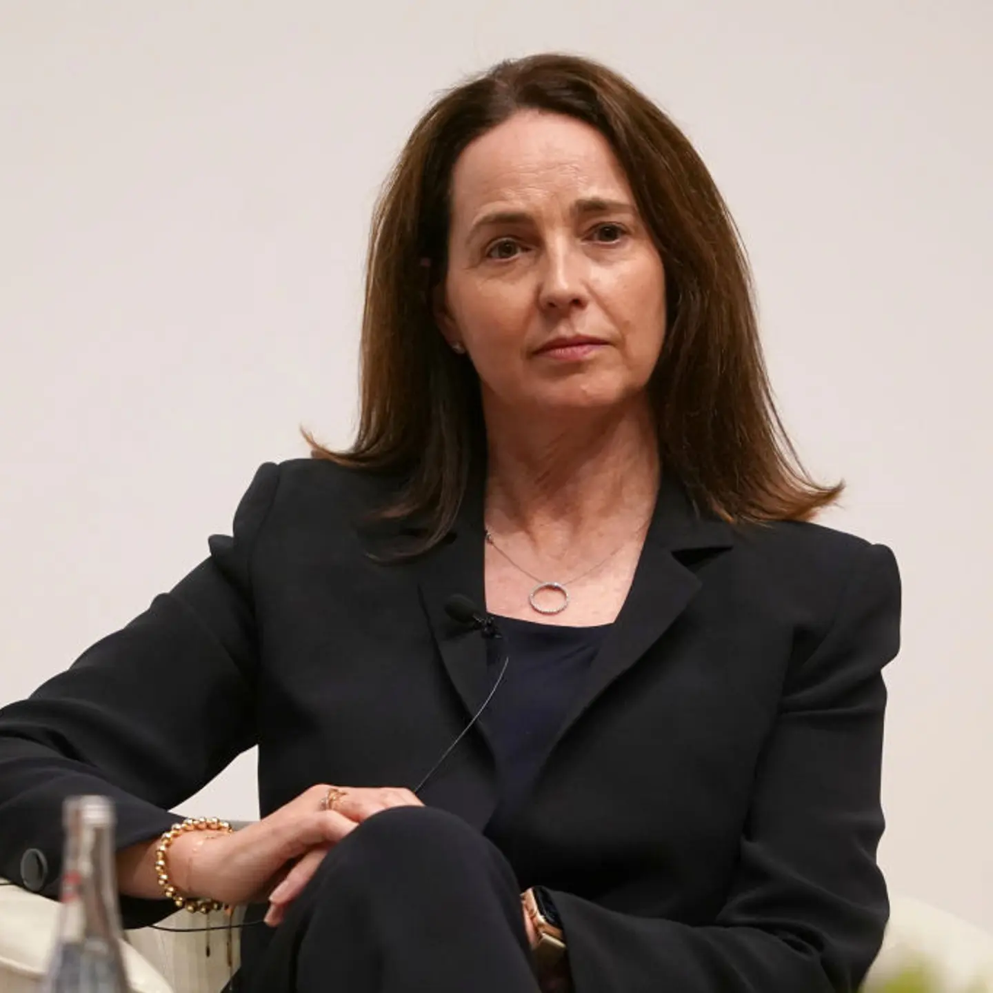 Former Nextdoor CEO Sarah Friar is on stage during the international conference to mark the 25th anniversary of the Belfast/Good Friday Agreement, at Queen's University on April 19, 2023 in Belfast, Northern Ireland.