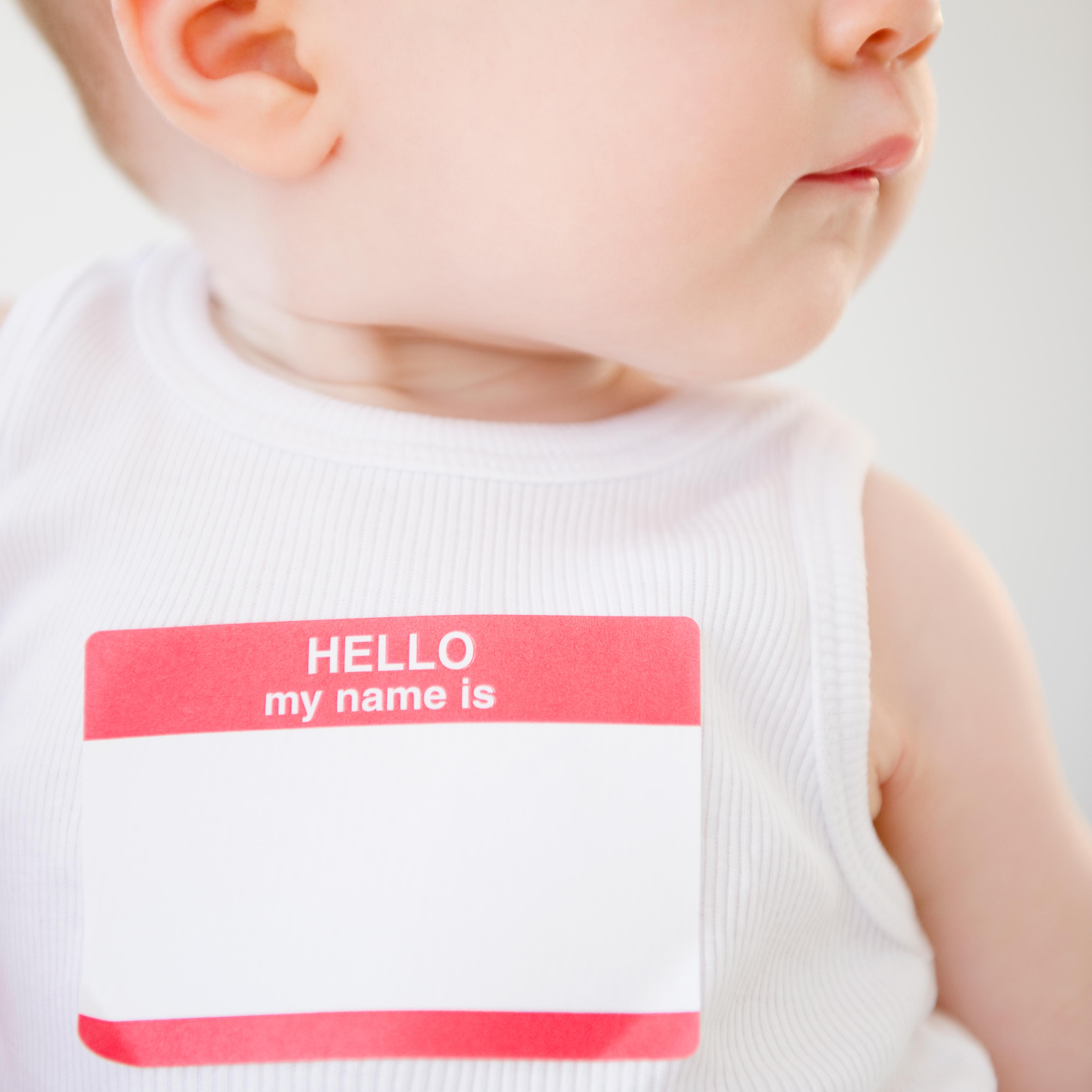Baby wearing name tag