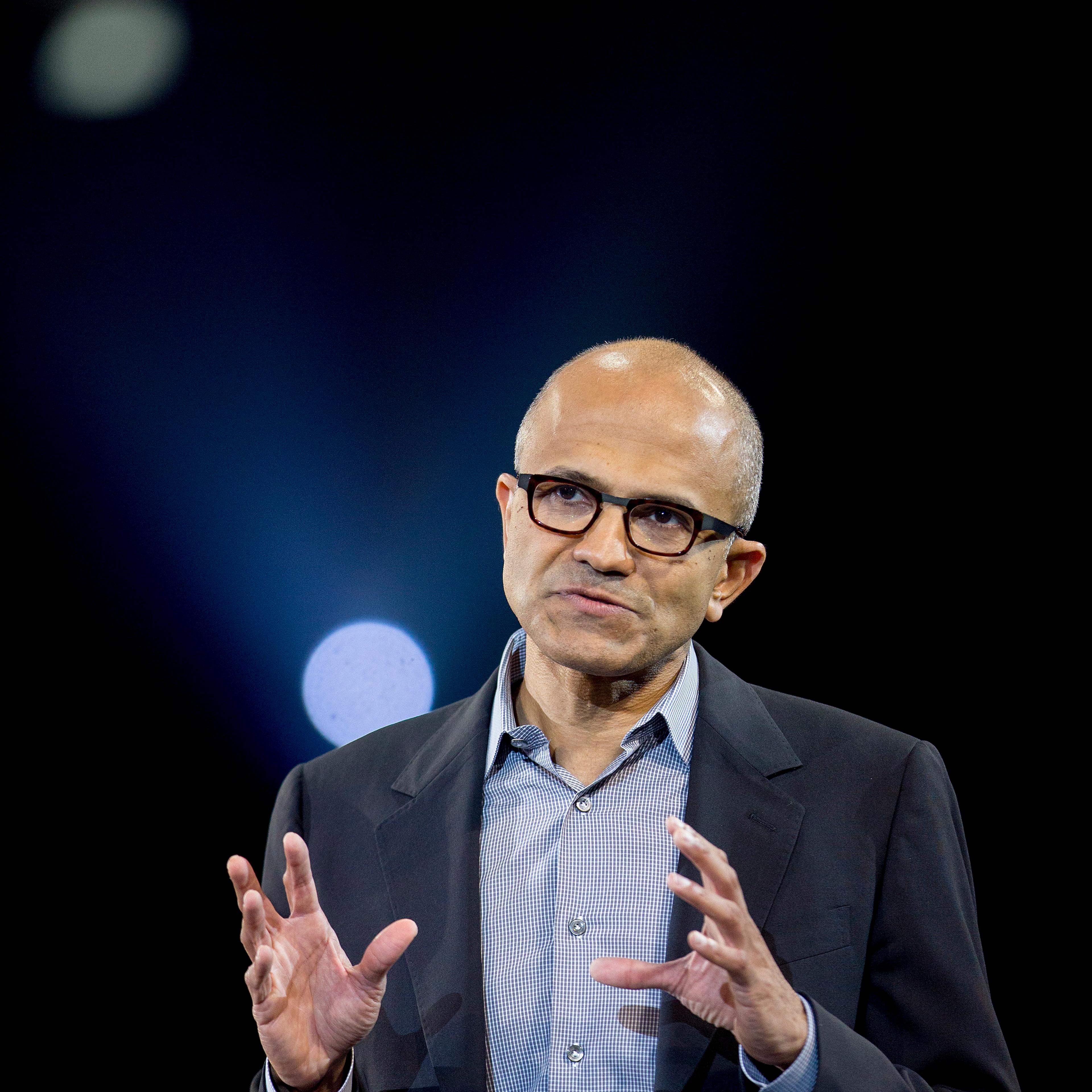 Satya Nadella, chief executive officer of Microsoft Corp., speaks during a keynote session at the Microsoft Worldwide Partner Conference in Washington on July 16, 2014.