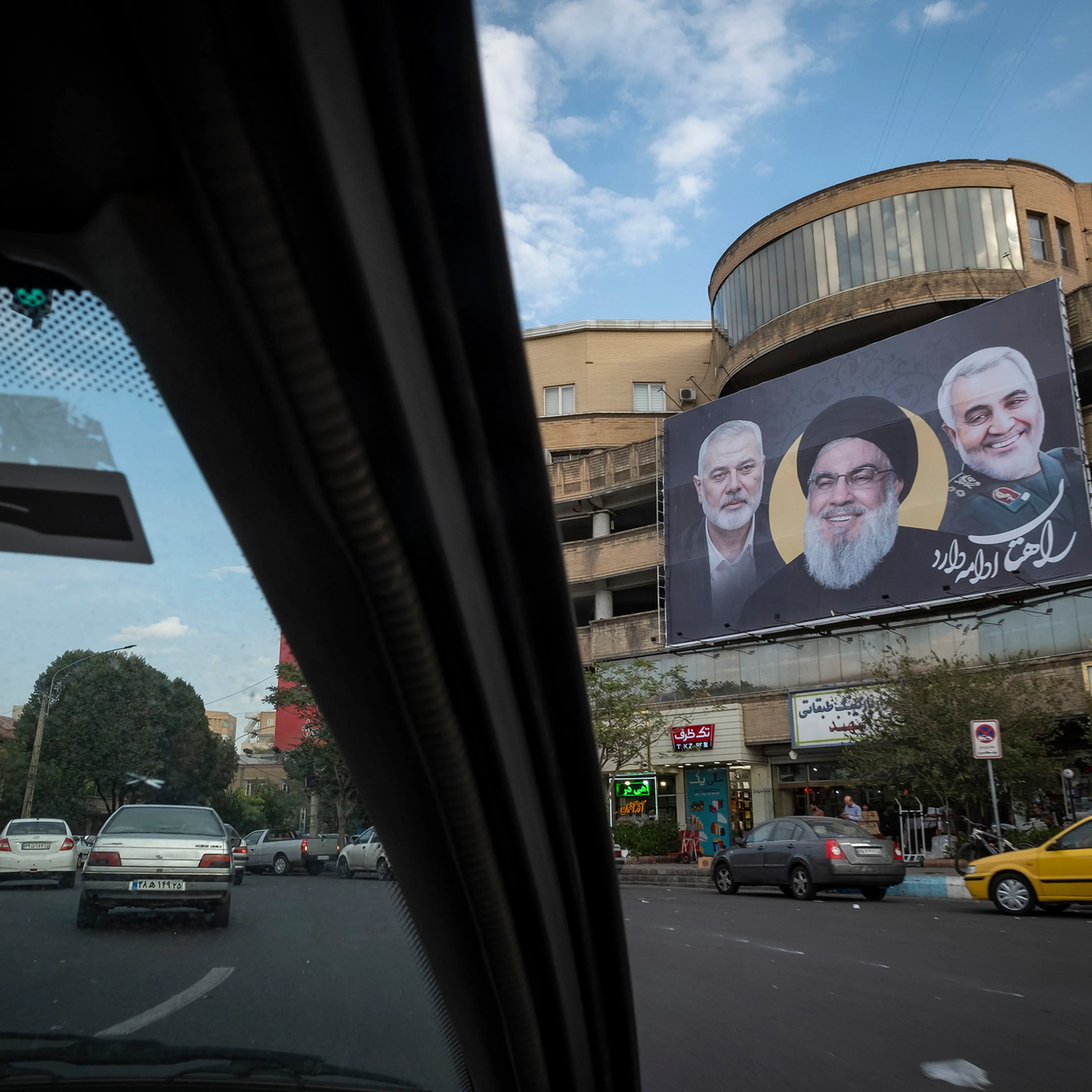 Portraits of slain "Axis of Resistance" stalwarts on a building in Tabriz, Iran on Oct. 17, 2024. From right Islamic Revolutionary Guard Corps Quds Force commander Qassem Soleimani, who was killed in Iraq; Hezbollah leader Hassan Nasrallah, killed in Leb