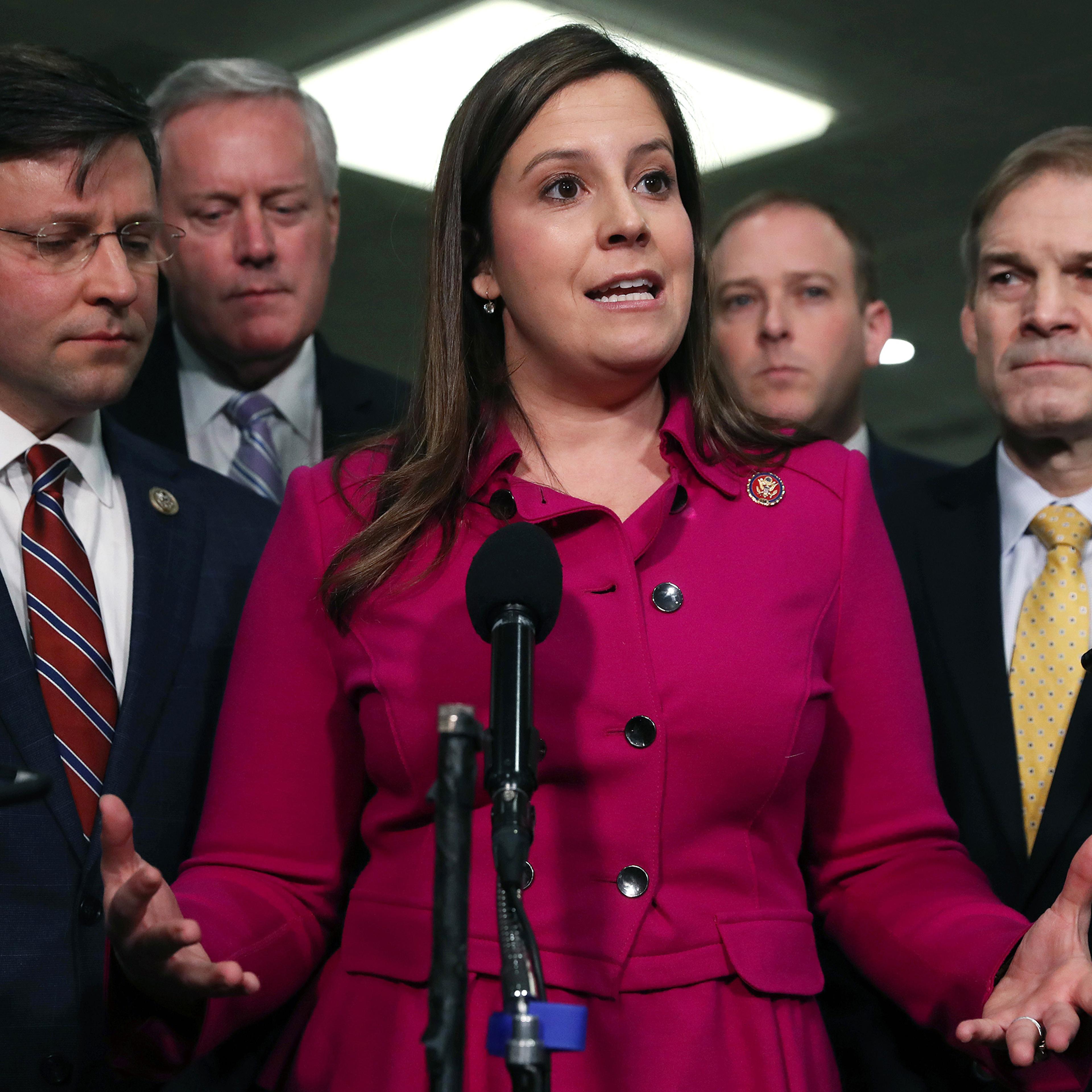 Rep. Elise Stefanik speaks with reporters in the Senate subway before the impeachment trial of former President Donald Trump resumes at the U.S. Capitol on January 23, 2020. Surrounding Stefanik, from left to right: Rep. Mike Johnson (R-LA), Rep. Mark Me