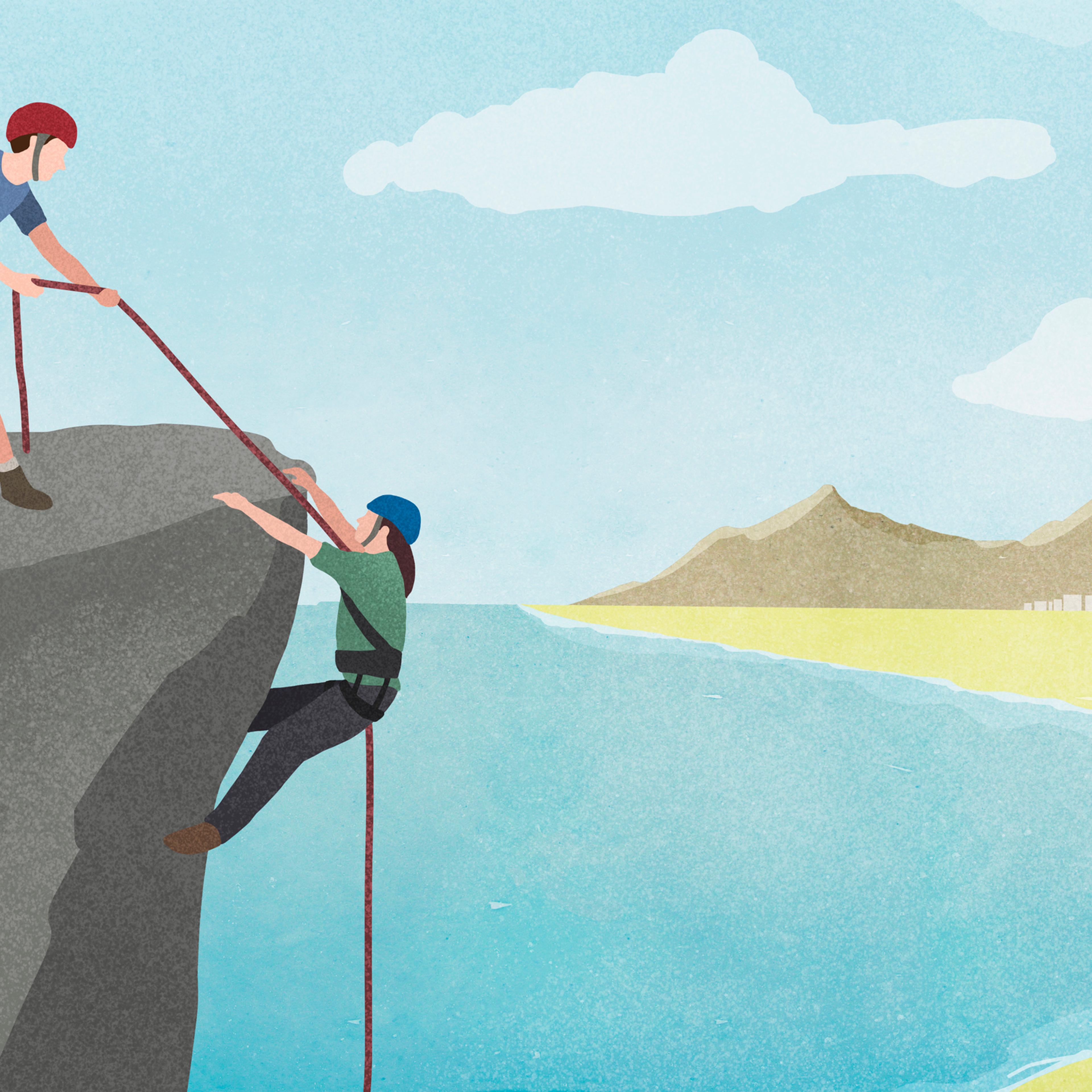 Illustration of man pulling woman with rope on cliff against sky
