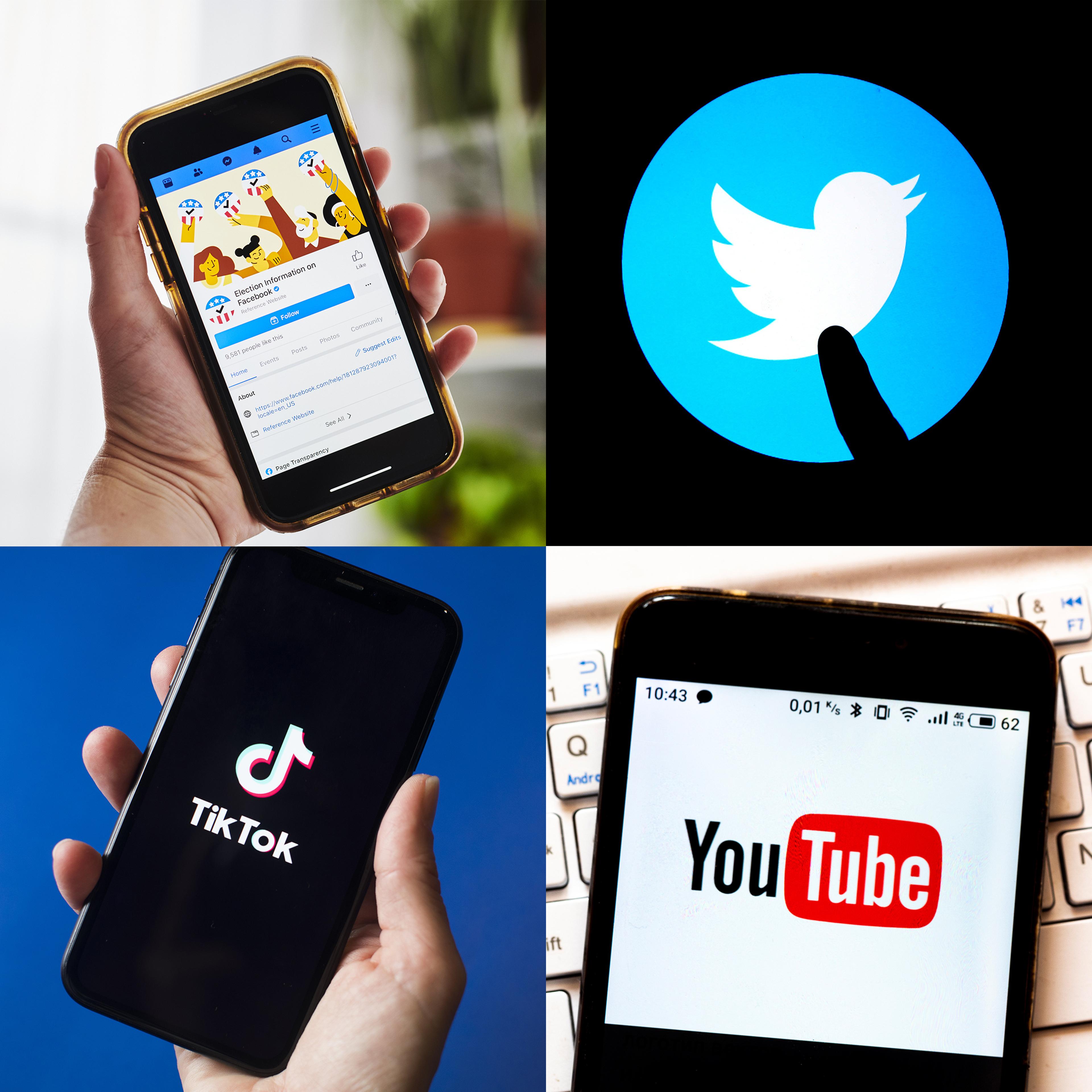 Facebook election information page is displayed on a smartphone; Twitter, TikTok and Youtube logos are displayed on mobile devices