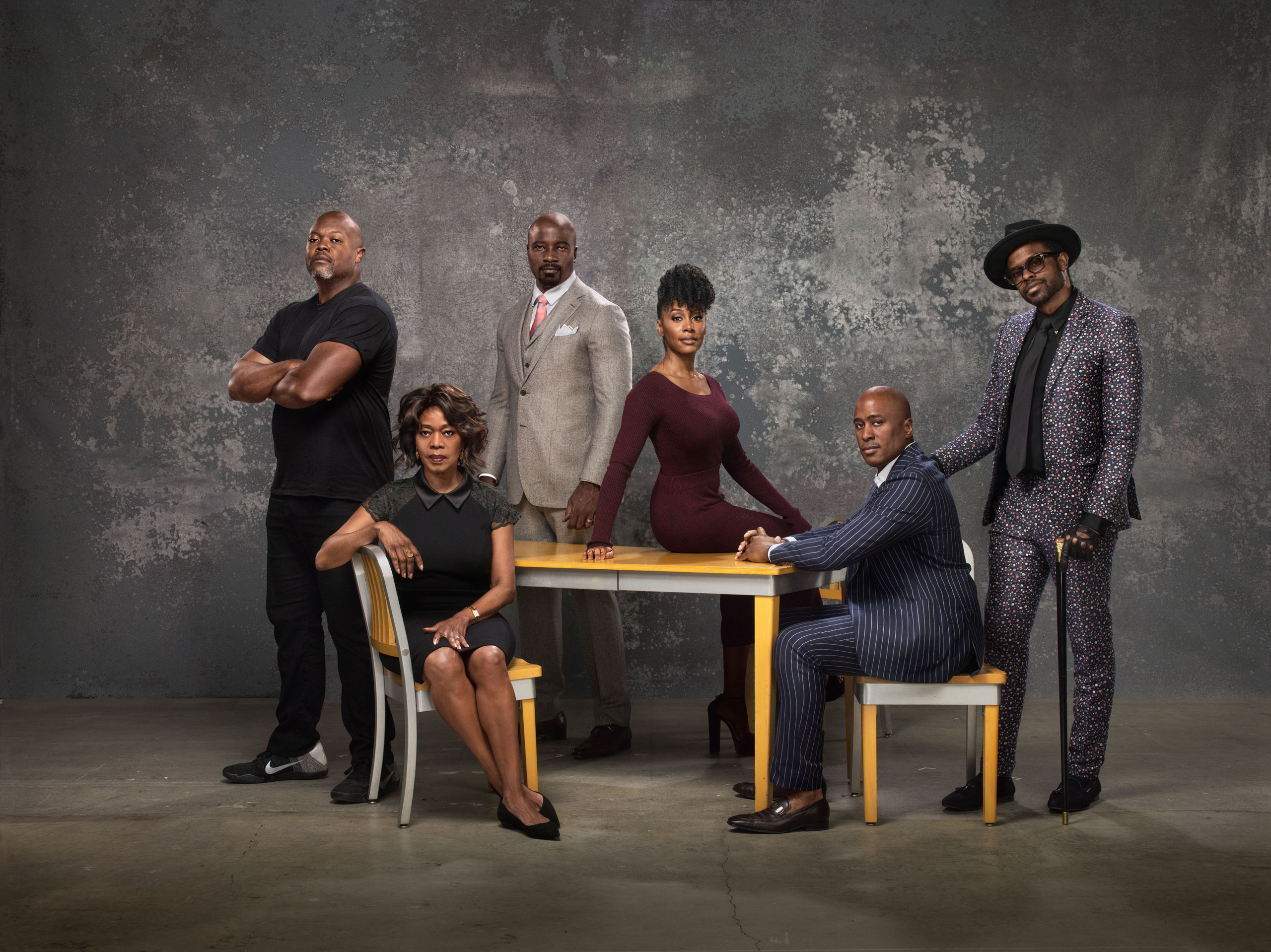 From left to right: Creator Cheo Hodari Coker envisions a superhero show that fuses politics with hip-hop, set in Harlem; Alfre Woodard plays Mariah Dillard, a corrupt Harlem politician who sees Luke’s powers as an opportunity; Mike Colter stars as the smart and suave hero, Luke Cage; Simone Missick is Misty Knight, a cop who has a love-hate relationship with the vigilante hero; Ali Shaheed Muhammad, one-third of the hip-hop group A Tribe Called Quest, co-created the show’s score; Composer Adrian Younge teamed with Muhammad to create a jazz-, blues- and hip-hop-inspired score