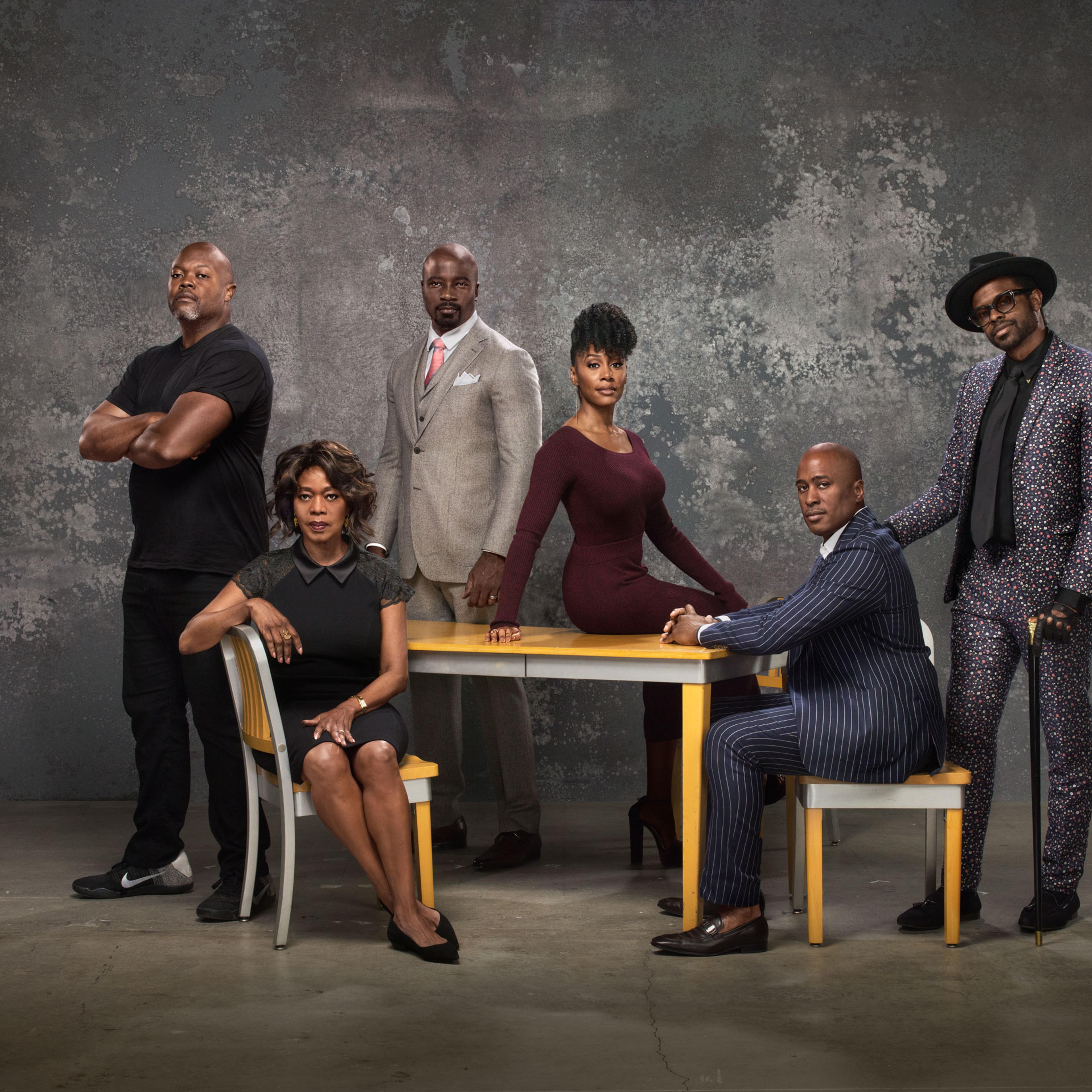 From left to right: Creator Cheo Hodari Coker envisions a superhero show that fuses politics with hip-hop, set in Harlem; Alfre Woodard plays Mariah Dillard, a corrupt Harlem politician who sees Luke’s powers as an opportunity; Mike Colter stars as the smart and suave hero, Luke Cage; Simone Missick is Misty Knight, a cop who has a love-hate relationship with the vigilante hero; Ali Shaheed Muhammad, one-third of the hip-hop group A Tribe Called Quest, co-created the show’s score; Composer Adrian Younge teamed with Muhammad to create a jazz-, blues- and hip-hop-inspired score