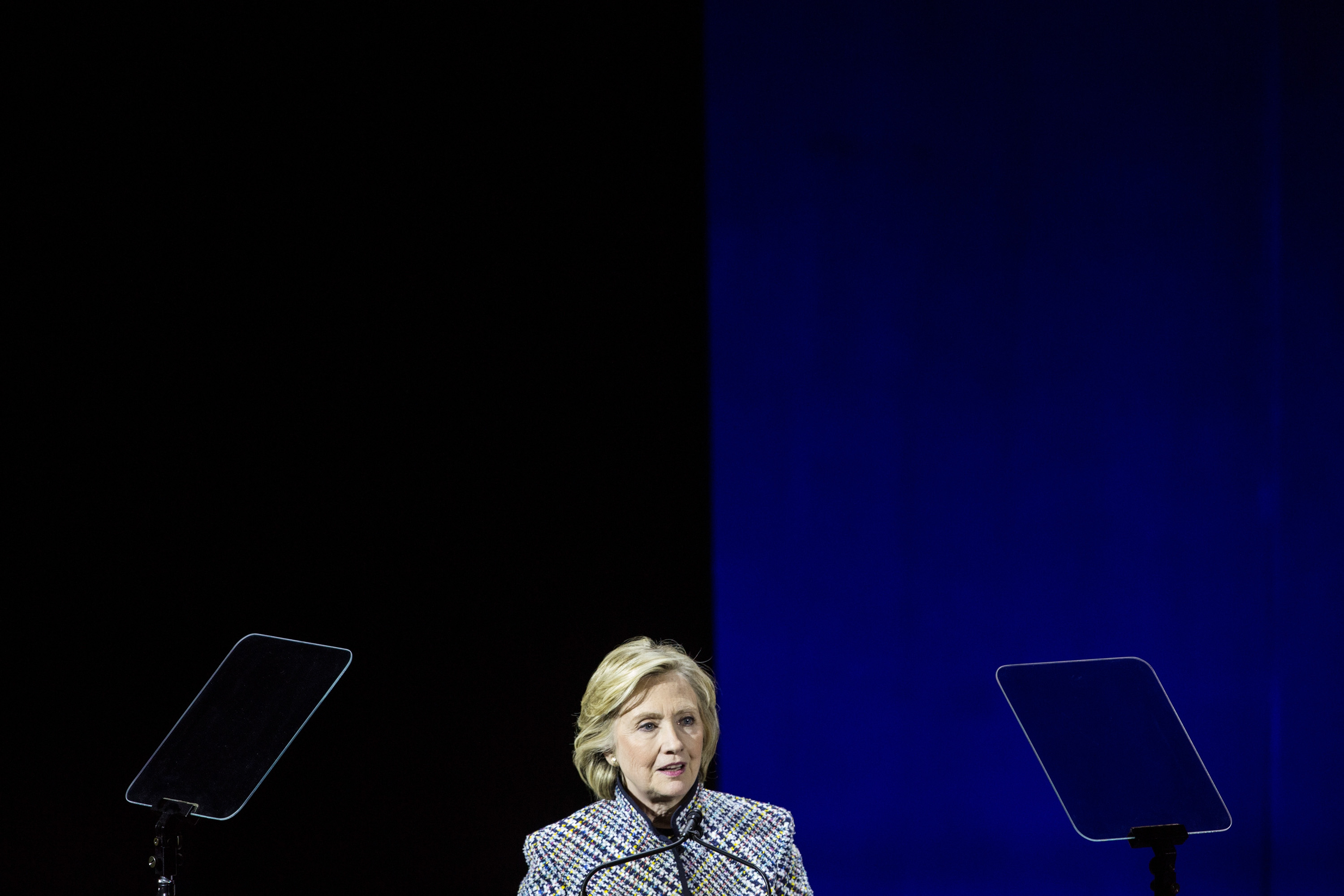 Democratic presidential hopeful and former Secretary of State Hillary Clinton addresses the Women in the World Conference on April 23, 2015 in New York City.