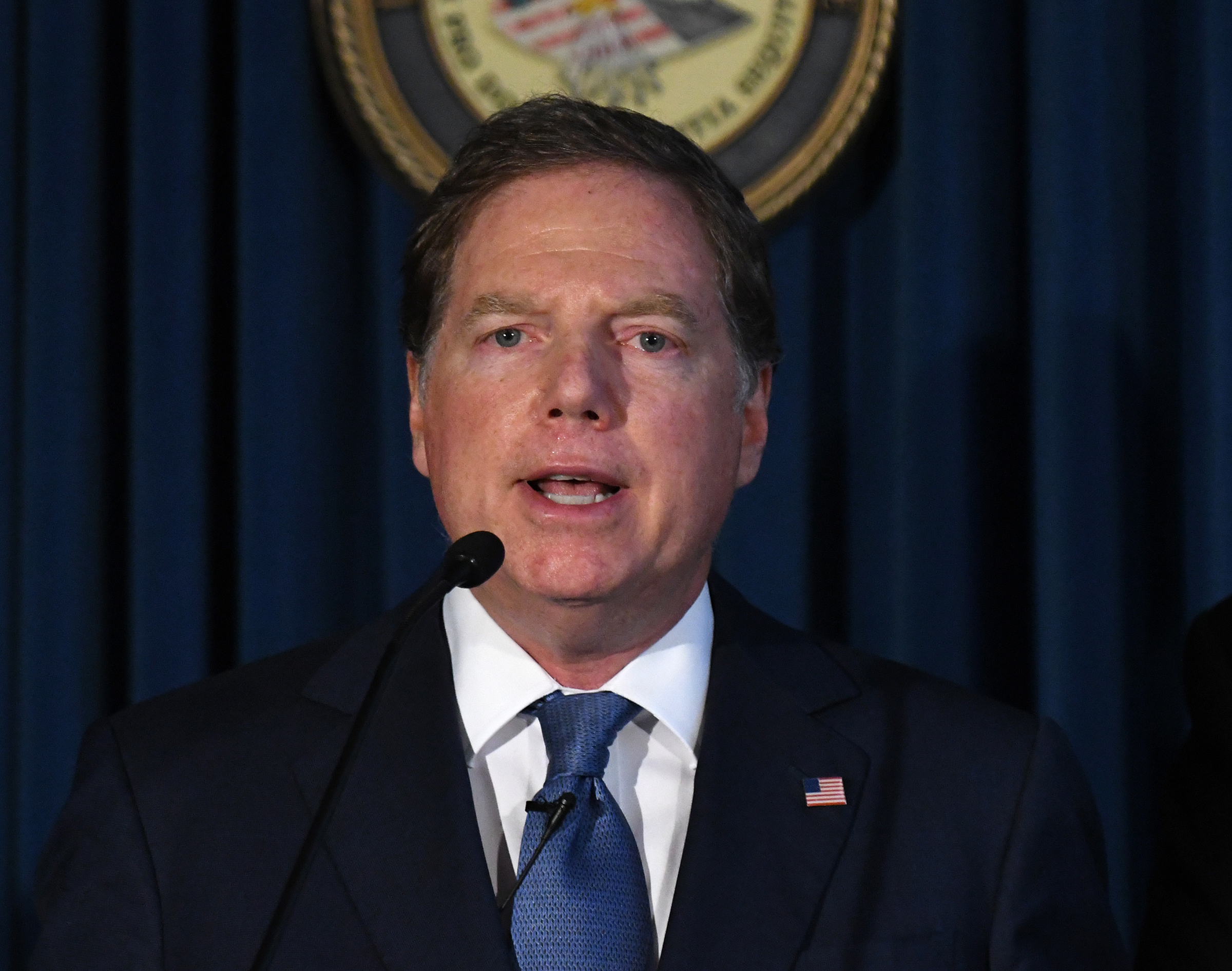 Geoffrey Berman, U.S. attorney for the Southern District of New York, speaks during a news conference in New York on July 8, 2019. Attorney General William Barr announced his termination Saturday, June 20th less than a day after initially suggesting that