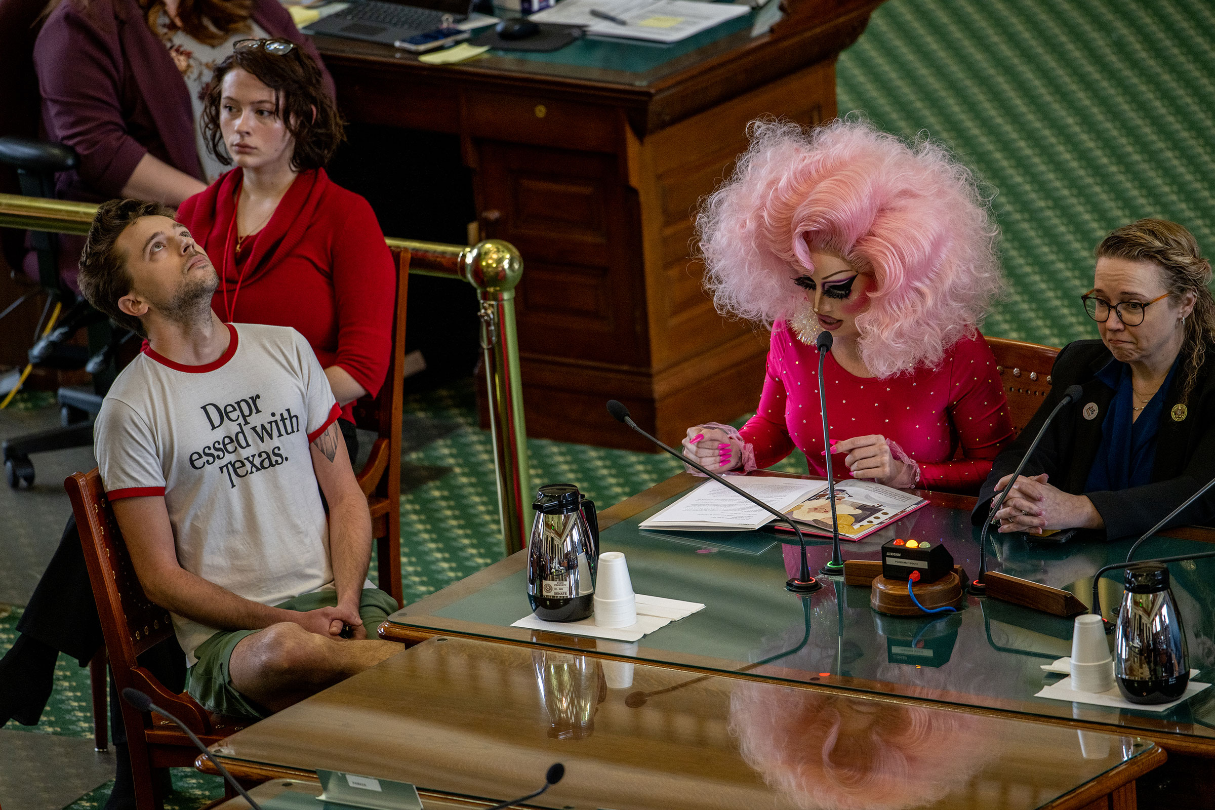 Drag Queen Brigitte Bandit gives testimony in the Senate Chamber at the Texas State Capitol in Austin, on March 23. People across the state of Texas showed up to give testimony as proposed Senate bills SB12 and SB1601, which would regulate drag performan