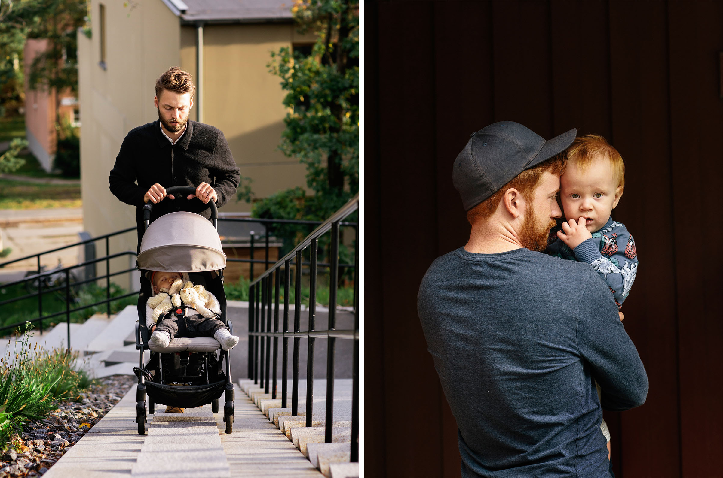 Martin Gunséus, 30, with his son Pim, 9 months old in Stockholm, on Aug. 18; Tobias Rosengren and his son Hugo outside of Öppen Förskola in Årsta, Stockholm, a meeting place for parents on parental leave.