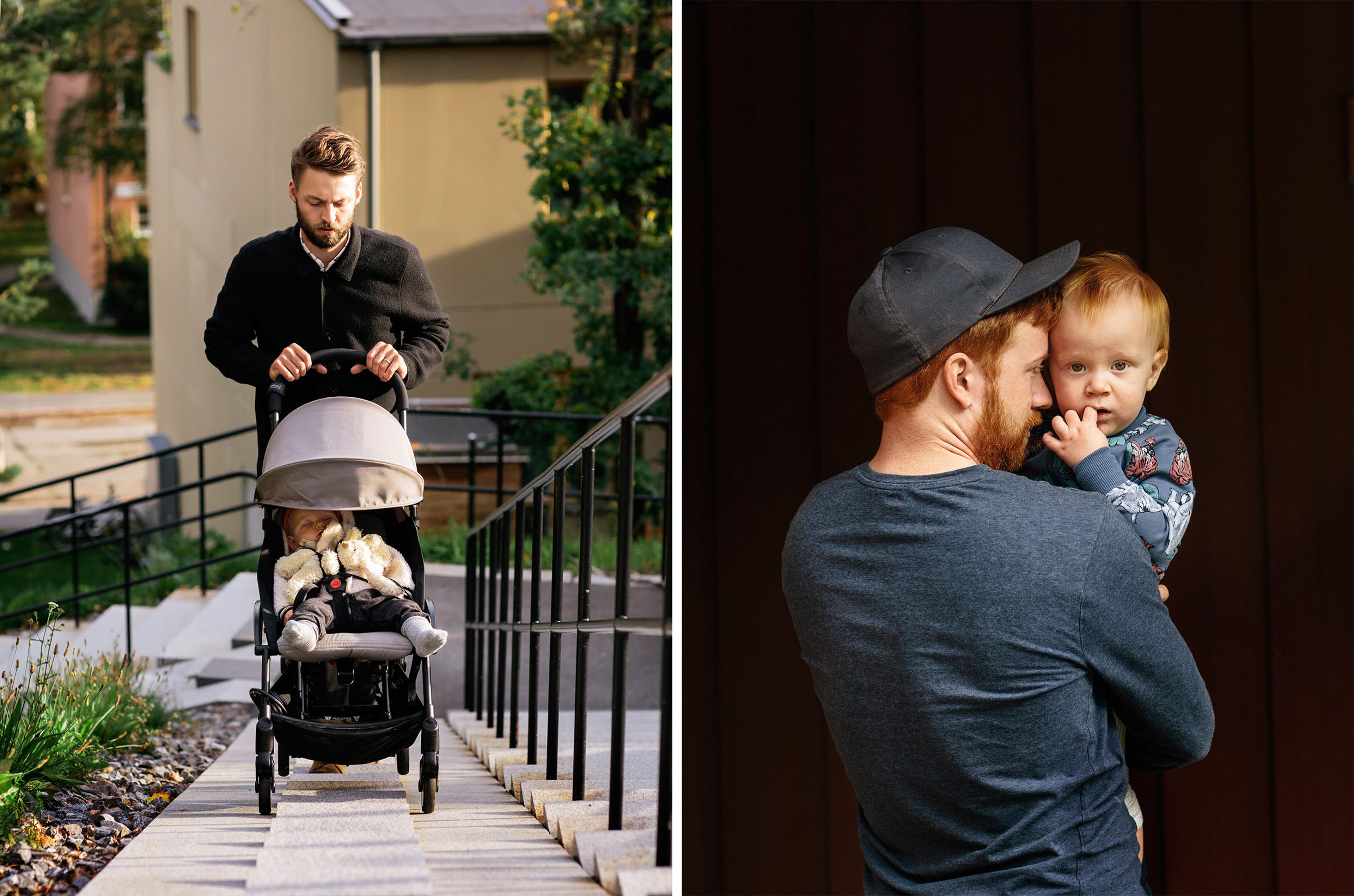 Martin Gunséus, 30, with his son Pim, 9 months old in Stockholm, on Aug. 18; Tobias Rosengren and his son Hugo outside of Öppen Förskola in Årsta, Stockholm, a meeting place for parents on parental leave.