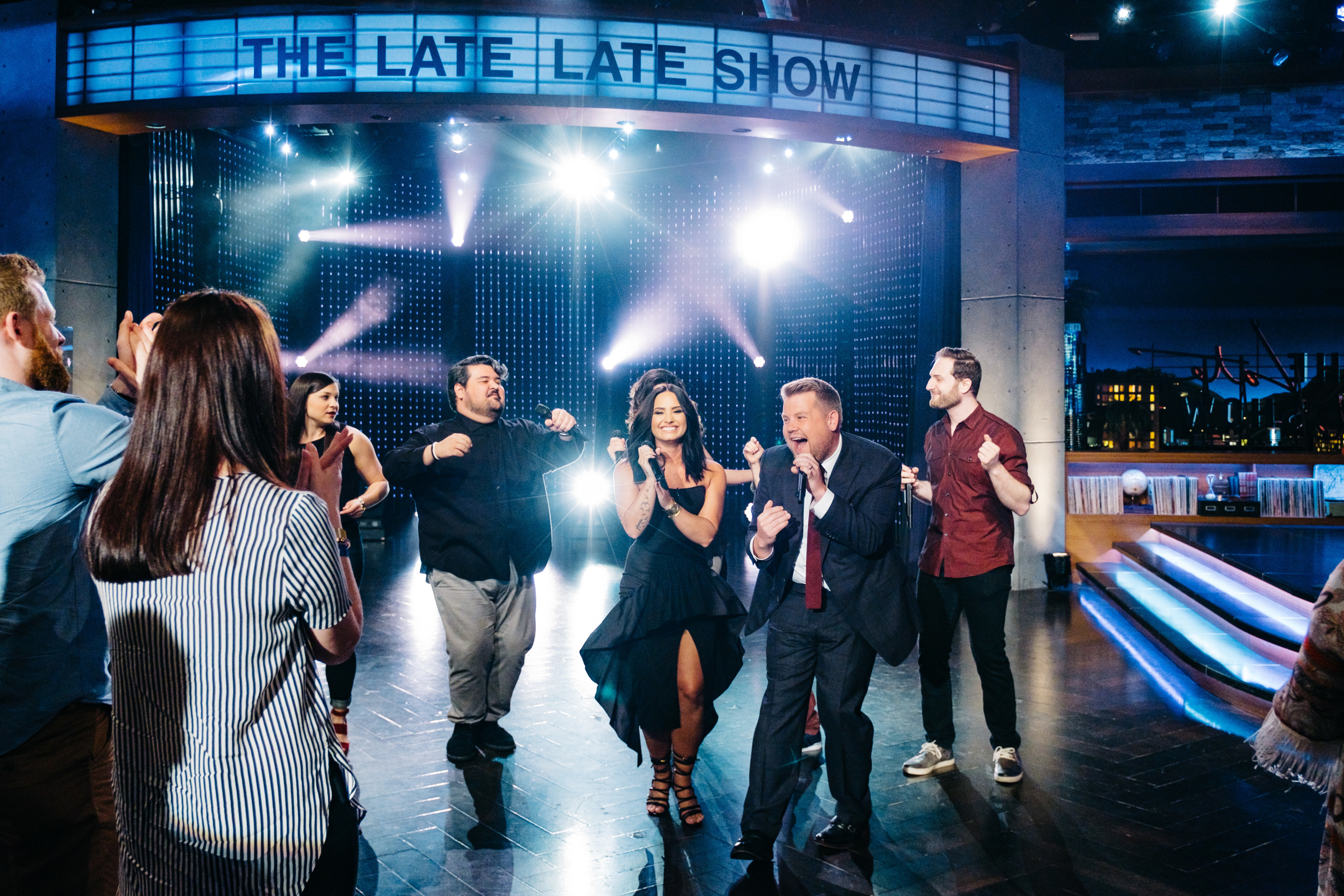 Demi Lovato and a cappella group Level perform the Diva Riff-Off with James Corden during "The Late Late Show with James Corden," Wednesday, April 5, 2017 (12:35 PM-1:37 AM ET/PT) On The CBS Television Network.  Photo: Terence Patrick/CBS ÃÂ©2017 CBS Br