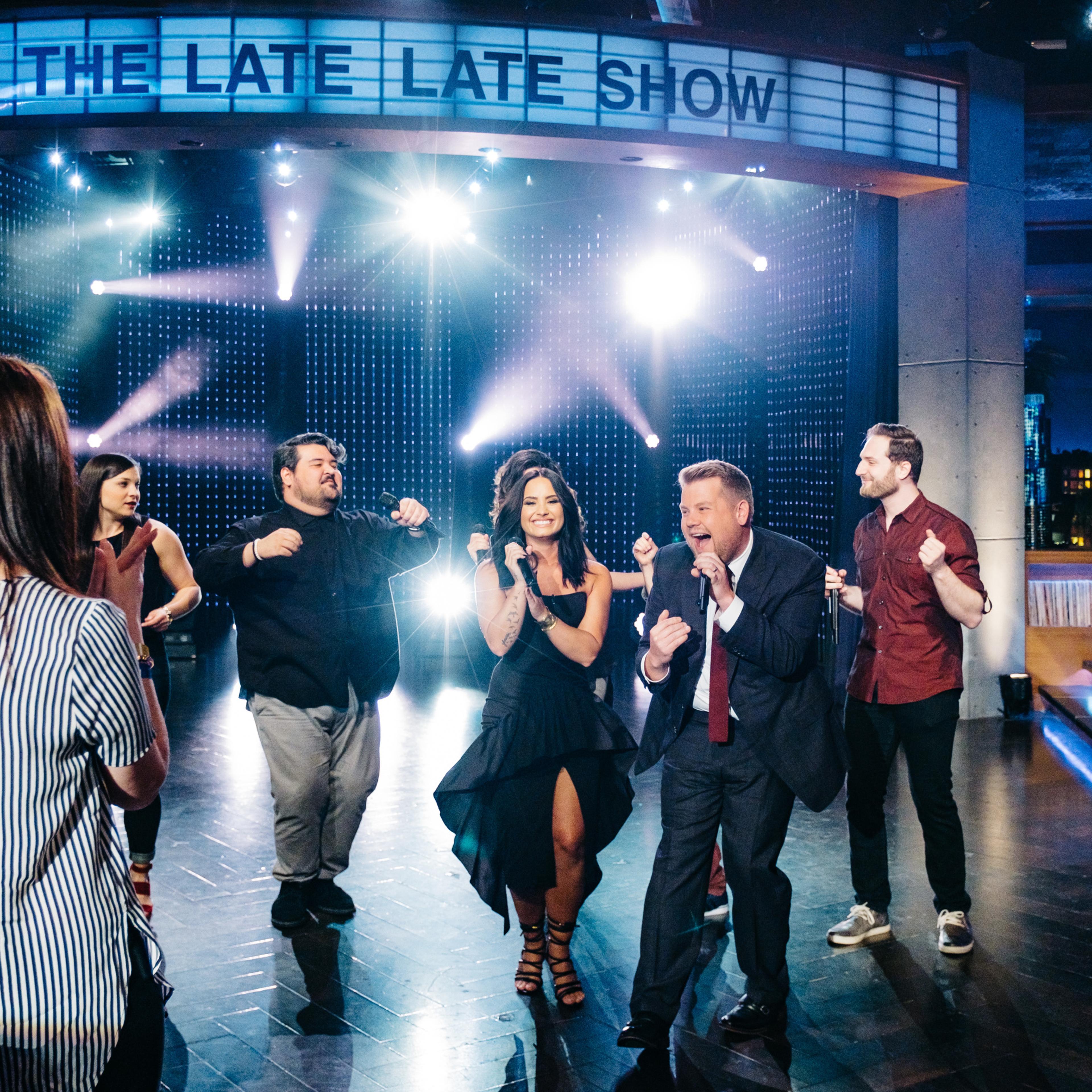 Demi Lovato and a cappella group Level perform the Diva Riff-Off with James Corden during "The Late Late Show with James Corden," Wednesday, April 5, 2017 (12:35 PM-1:37 AM ET/PT) On The CBS Television Network. Photo: Terence Patrick/CBS é2017 CBS Br