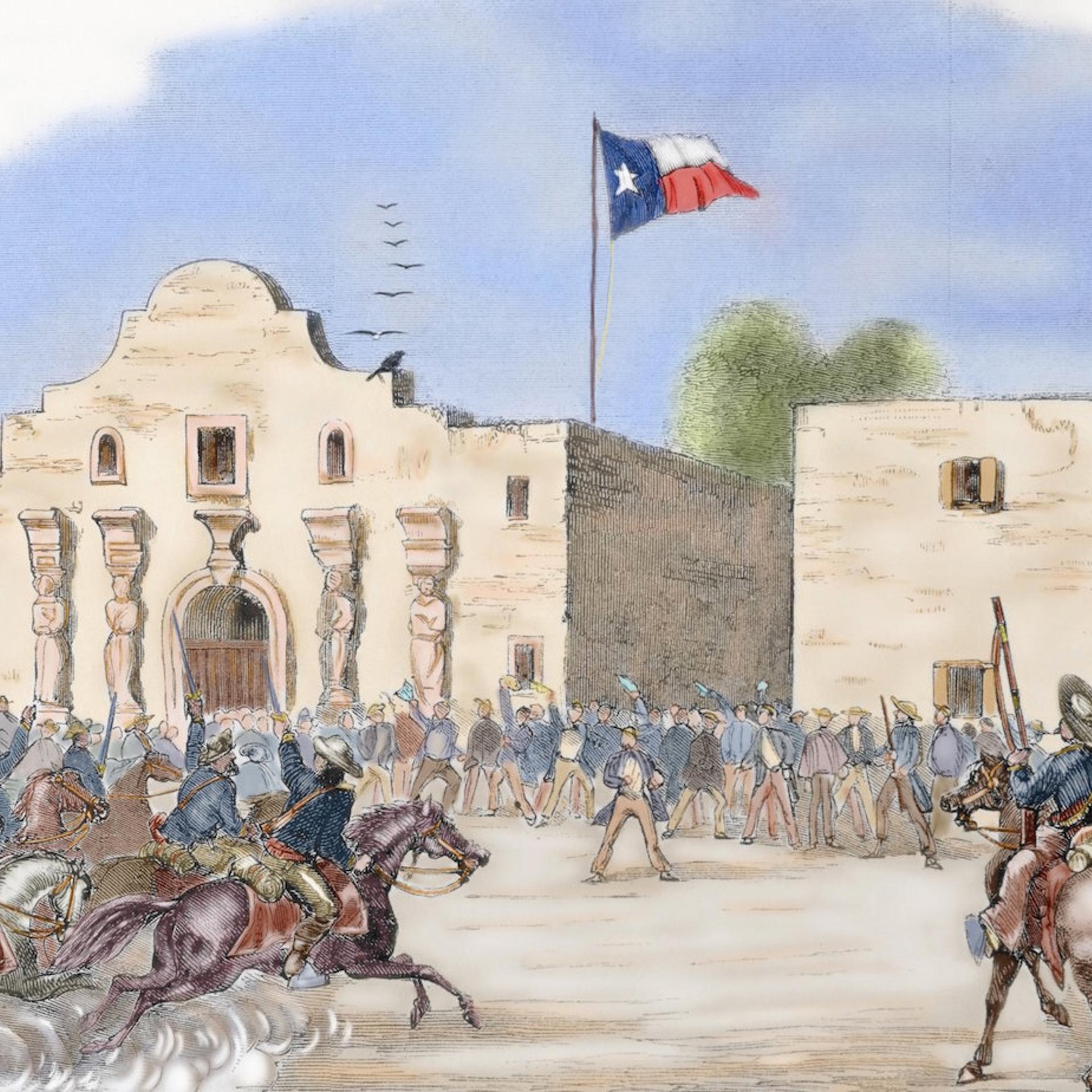 An illustration of the Texas State Flag waving over The Alamo, San Antonio. Engraving from "Harper's Weekly," 1861.