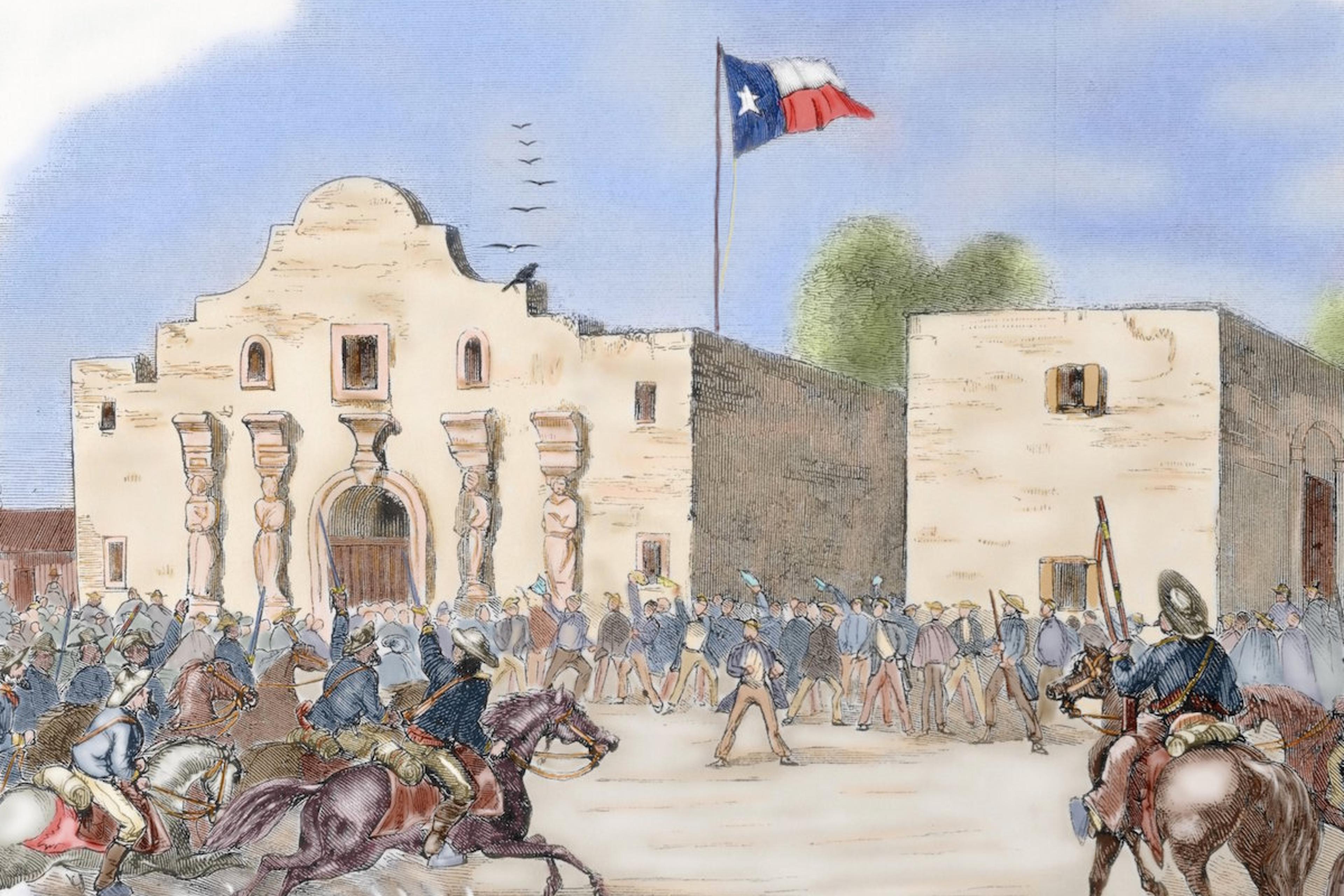 An illustration of the Texas State Flag waving over The Alamo, San Antonio. Engraving from "Harper's Weekly," 1861.