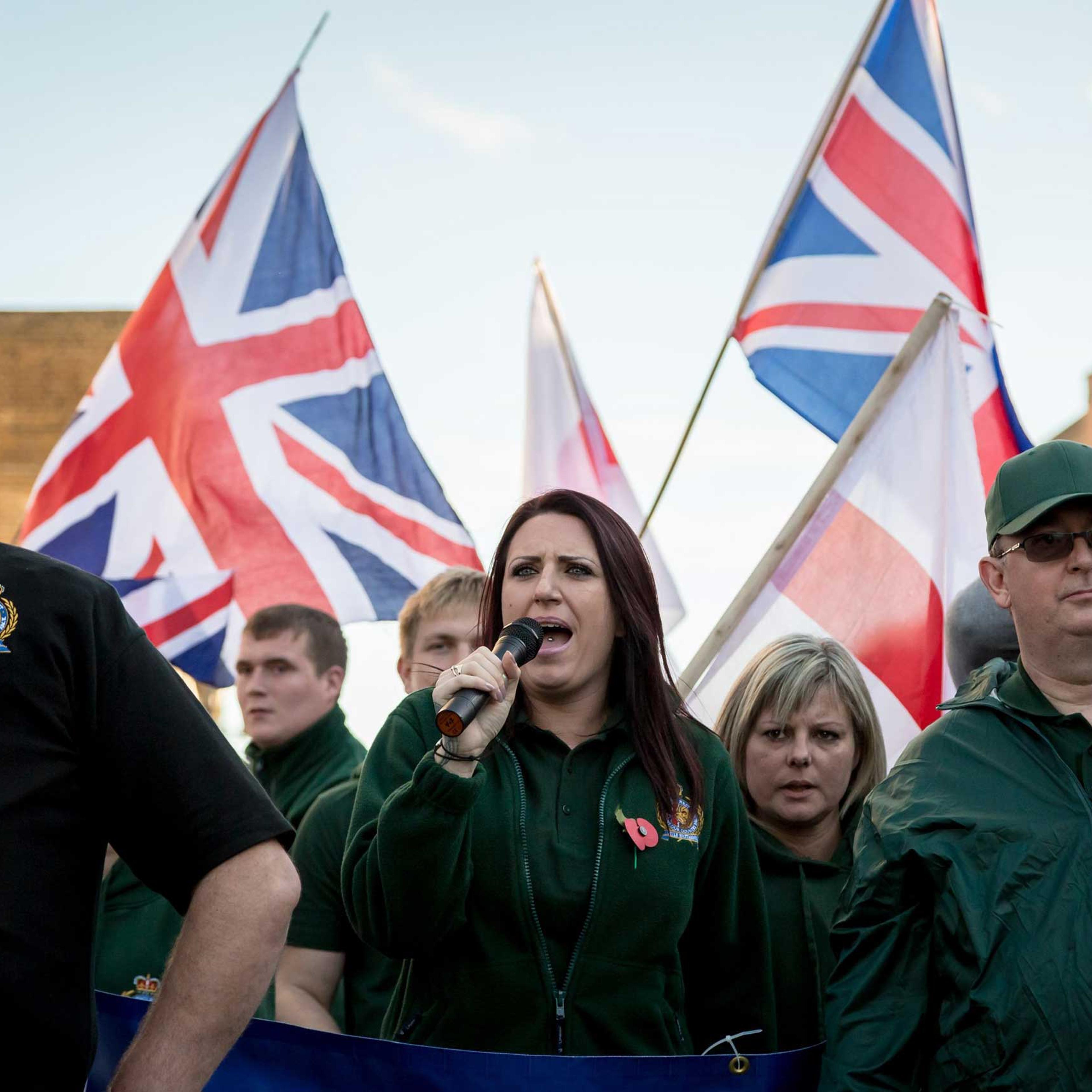 Jayda Fransen, deputy leader of Britain First, speaks during a march in Rochester, England, Nov. 1, 2014.