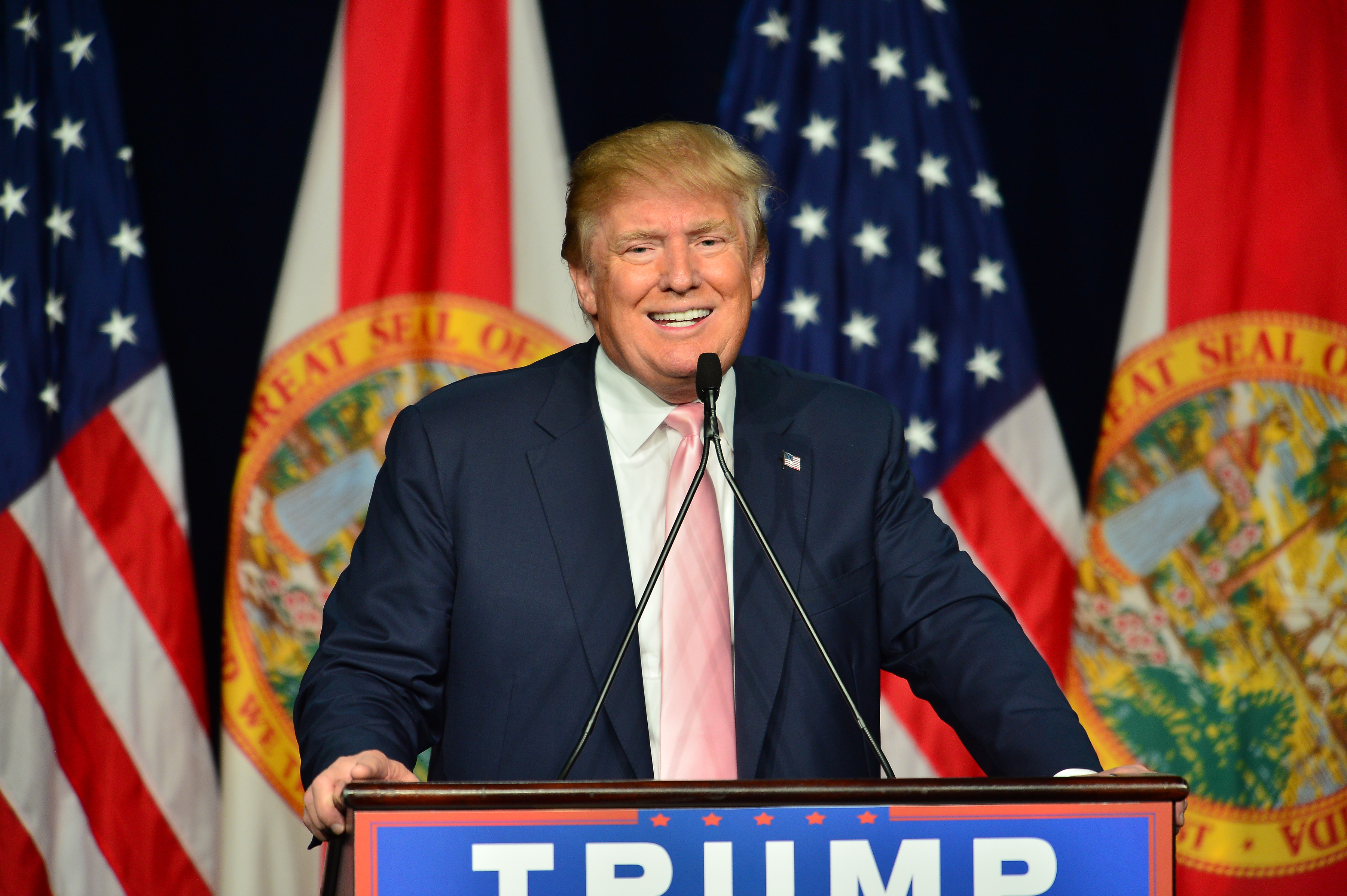 Republican presidential candidate Donald J. Trump attends a campaigns rally In Florida at the Trump National Doral on October 23, 2015 in Doral, Florida