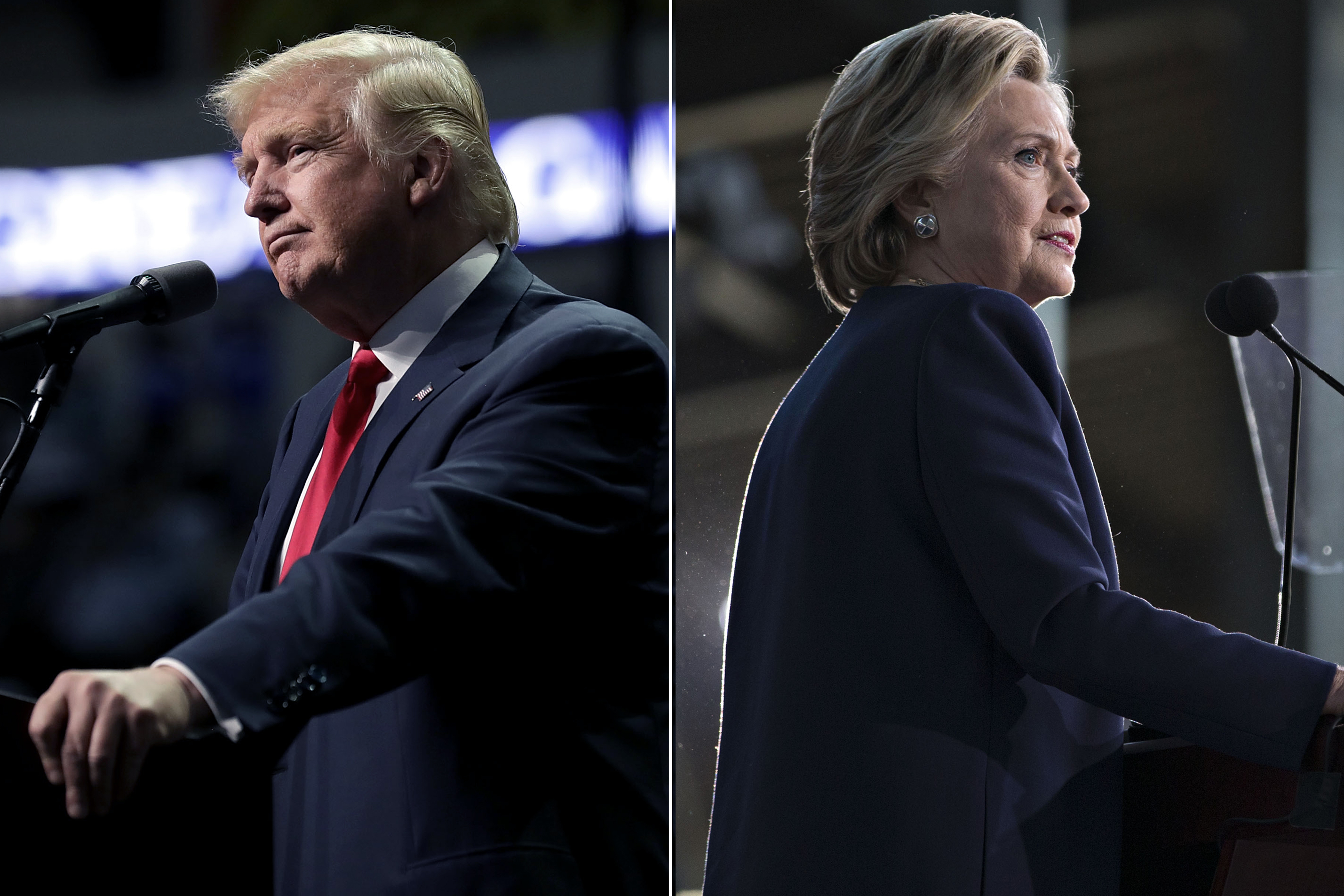 Donald Trump in Hershey, PA on Nov. 4, 2016 (L); Hillary Clinton in Detroit, MI, on Nov. 4, 2016.