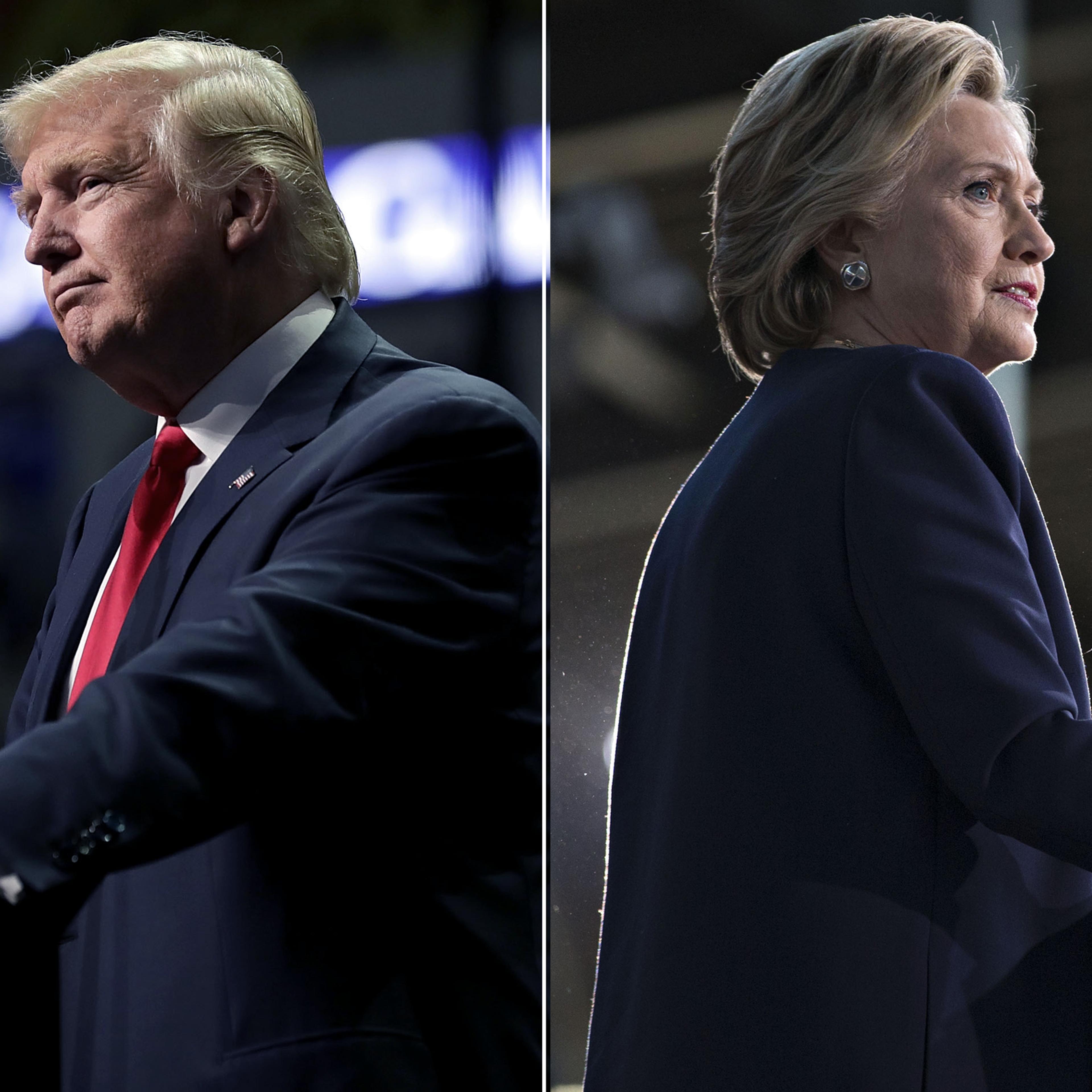 Donald Trump in Hershey, PA on Nov. 4, 2016 (L); Hillary Clinton in Detroit, MI, on Nov. 4, 2016.