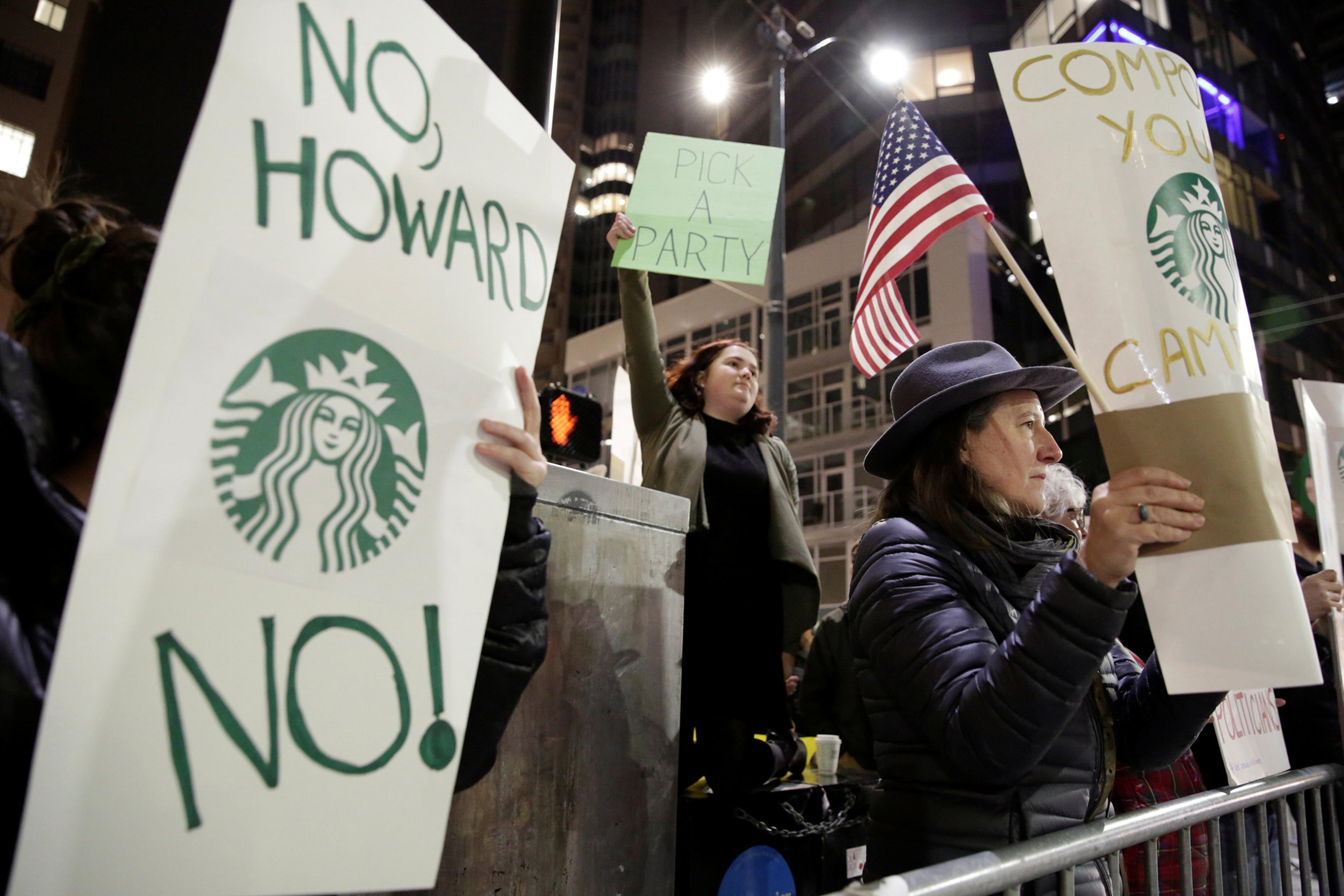 Protesters rally outside a Schultz book-tour stop in Seattle on Jan. 31