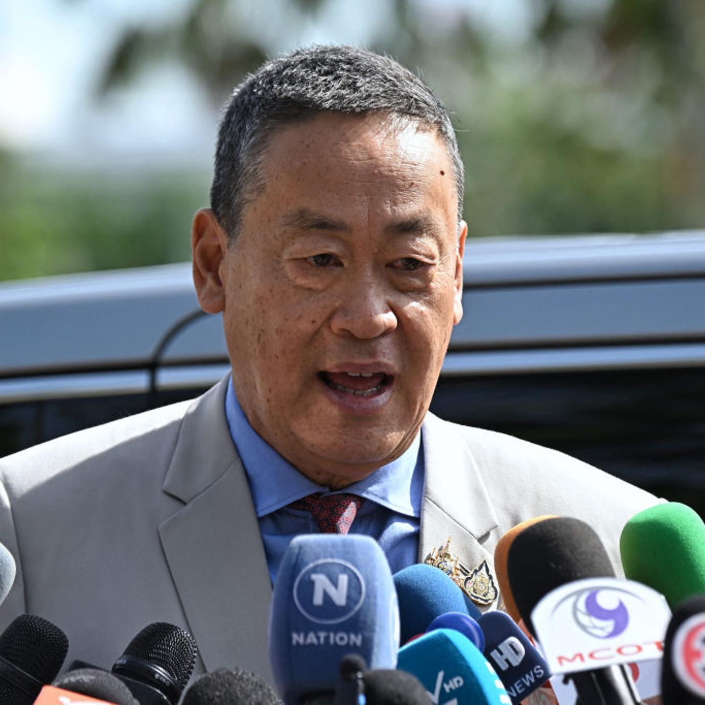 Thai Prime Minister Srettha Thavisin speaks to the media as he arrives at Government House in Bangkok on August 14, 2024.