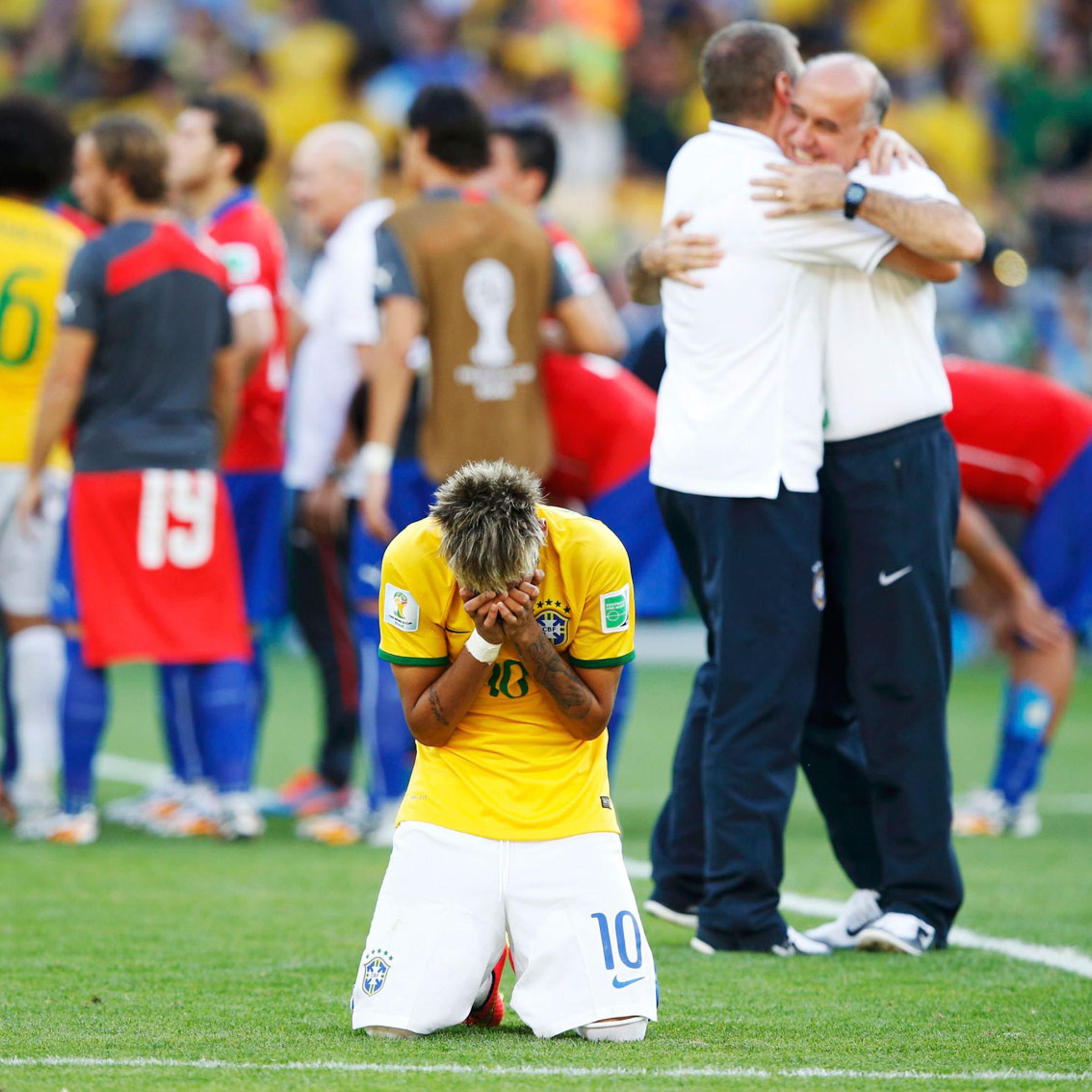 Brazil's Neymar reacts as his team celebrates their penalty shootout win against Chile at the Mineirao Stadium in Belo Horizonte, Brazil on June 28, 2014.