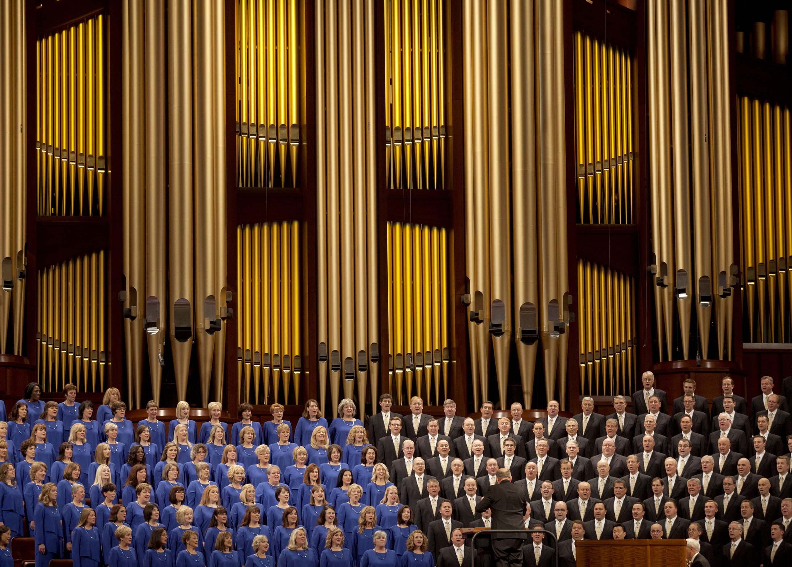 The Mormon Tabernacle Choir sings during the opening session of the two-day Mormon church conference on Saturday, Oct. 3, 2015, in Salt Lake City.