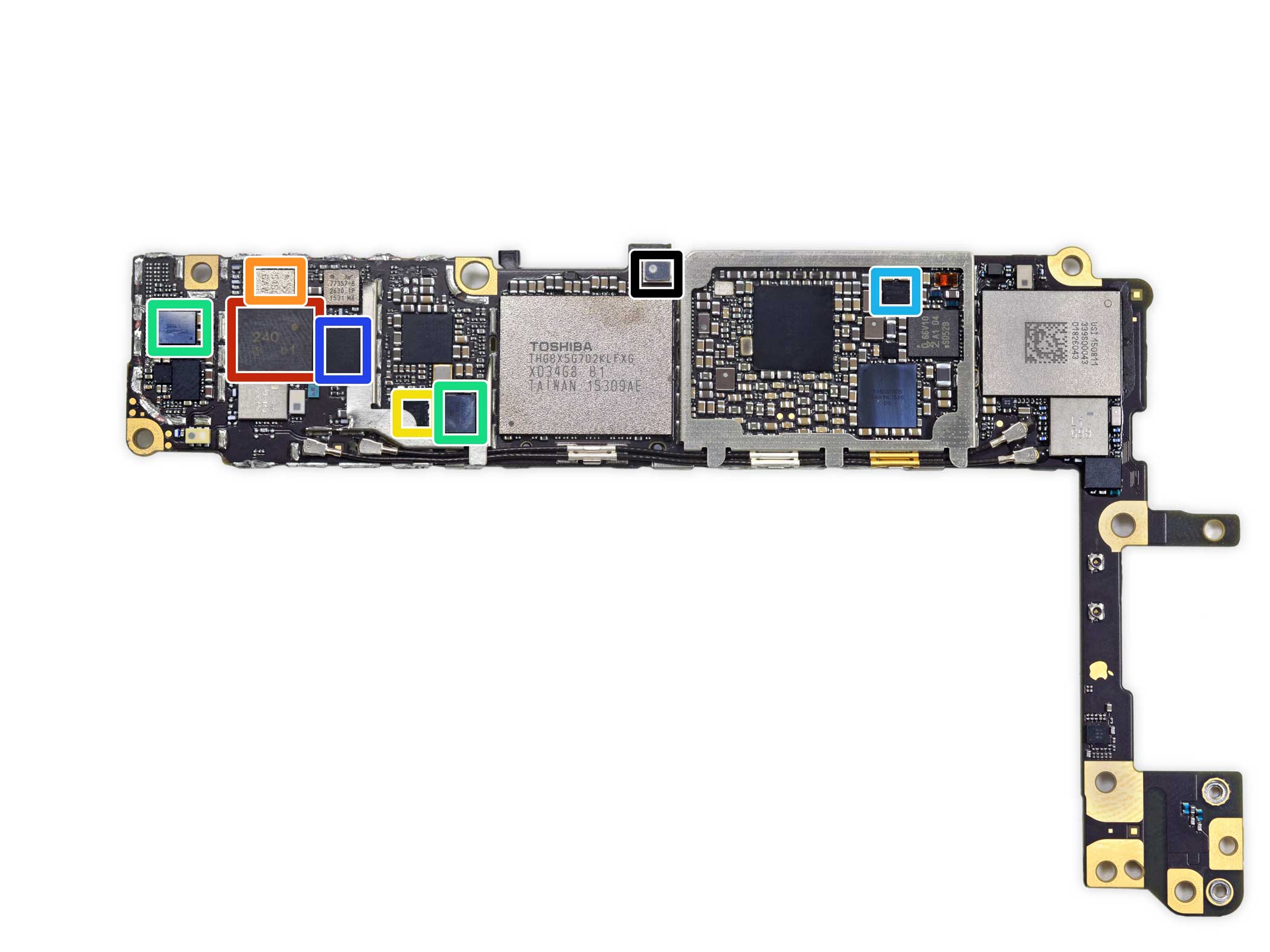 The logic board responsible for computing functions in the camera. (Fluorescent colors added to highlight key parts)