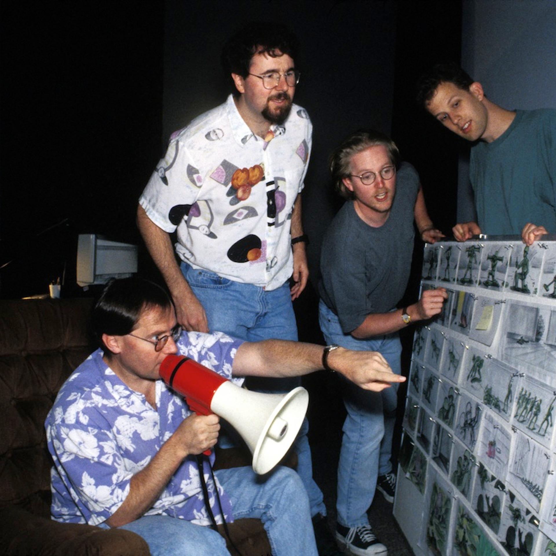 Toy Story Director John Lasseter with Joe Ranft, Pete Docter, and Andrew Stanton. (From the collection of the Walt Disney Photo Archives)