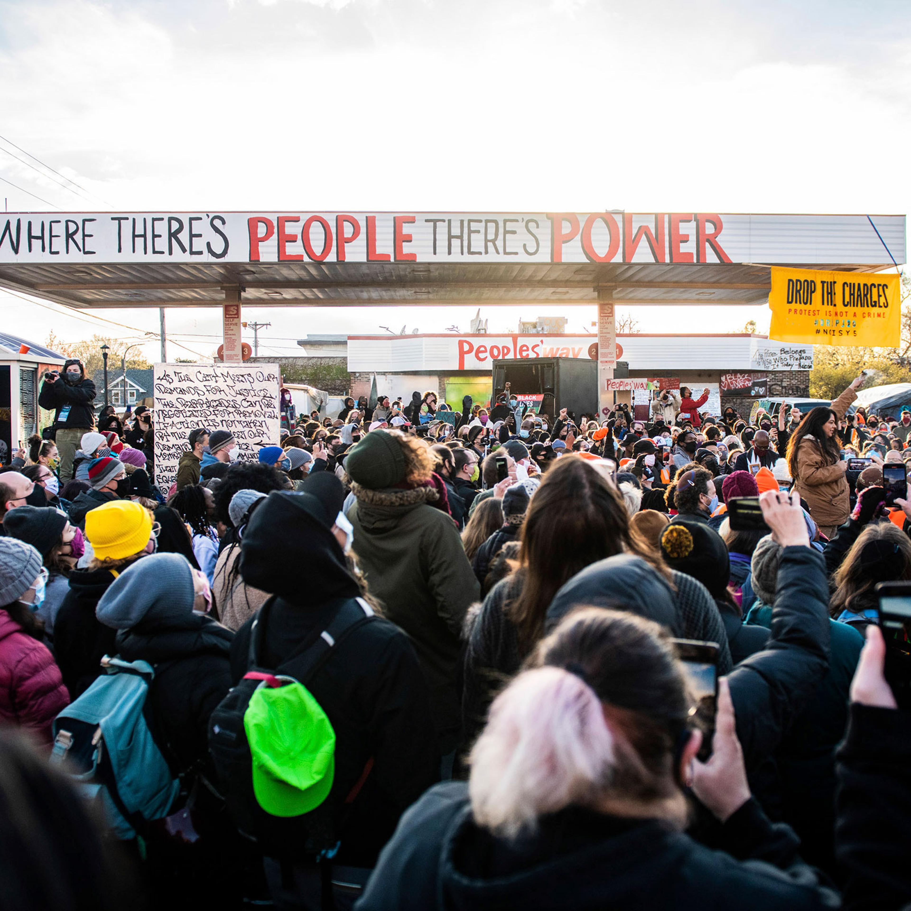 People react to the Derek Chauvin Trial Verdict at George Floyd Square, the corner of 38th Street and Chicago Avenue in Minneapolis, Minn. on April 20, 2021.