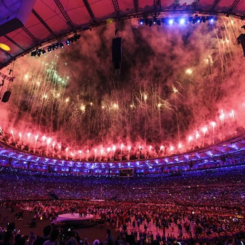 Fireworks and a laser show are performed during the Opening Ceremony of the Rio 2016 Olympic Games at Maracana Stadium in Rio de Janeiro, Brazil on August 05, 2016.